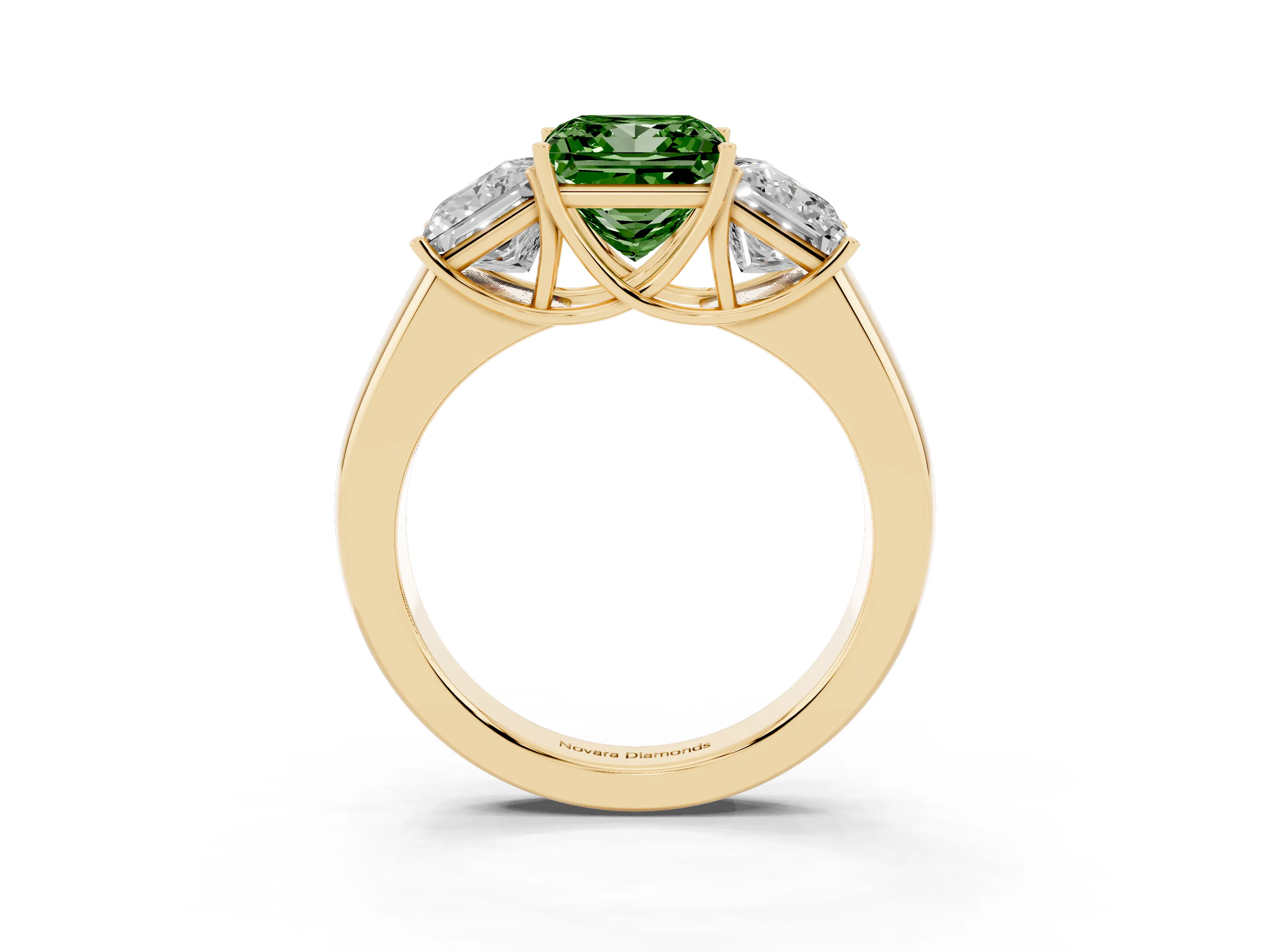 Fancy Green Three-Stone Princess Cut Diamond Ring Set in Yellow gold with Matching Prong Settings and Plain Band