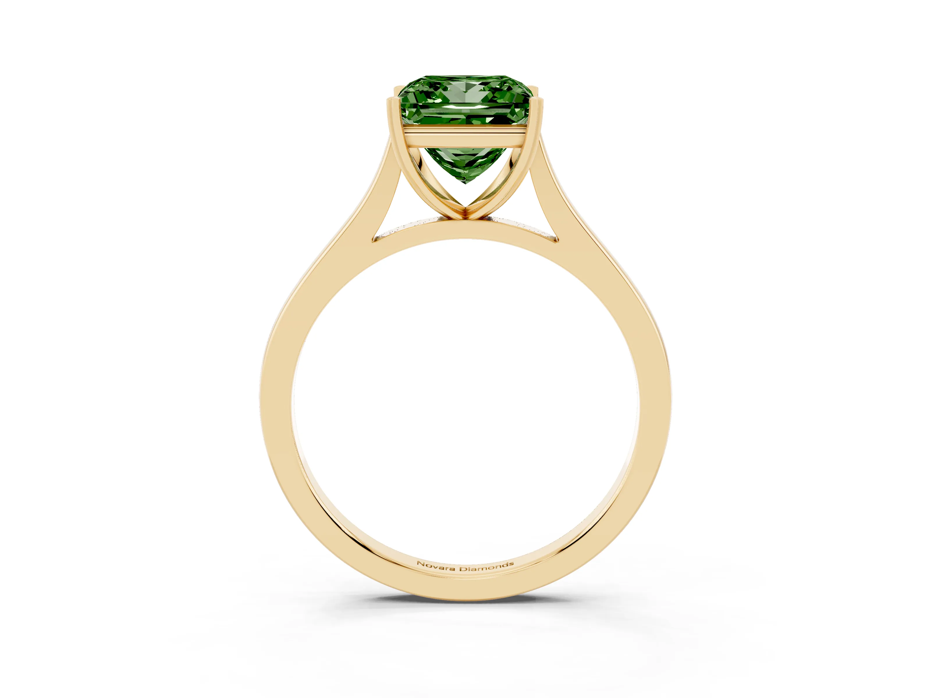 Fancy Green Princess Cut Diamond Solitaire Heart Prong Engagement Ring Set in Yellow gold with Tapered Band