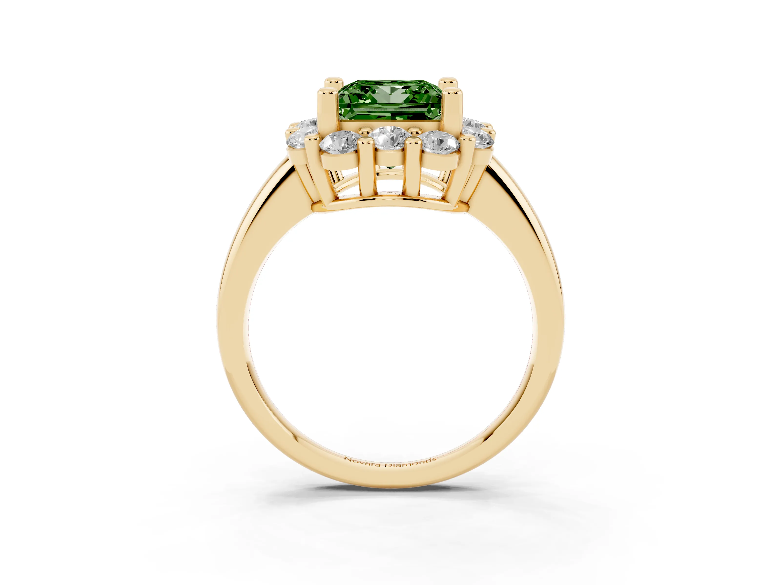 Fancy Green Princess Cut Diamond Halo Cluster Engagement Ring Set in Yellow gold with Polished Band and Prong Setting