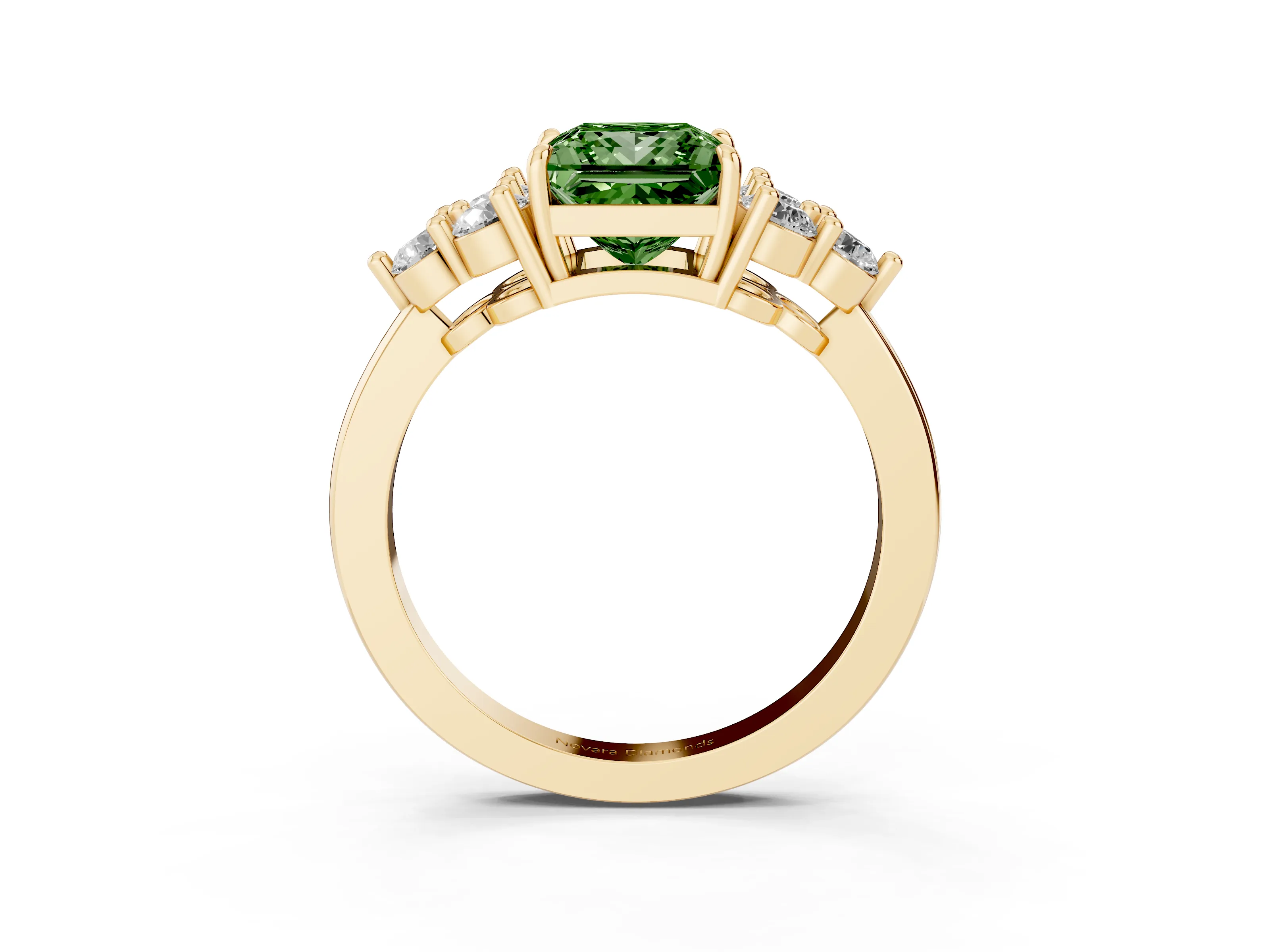 Fancy Green Princess Cut Diamond Solitaire Ring Set in Yellow gold with Cluster Accents on Each Side