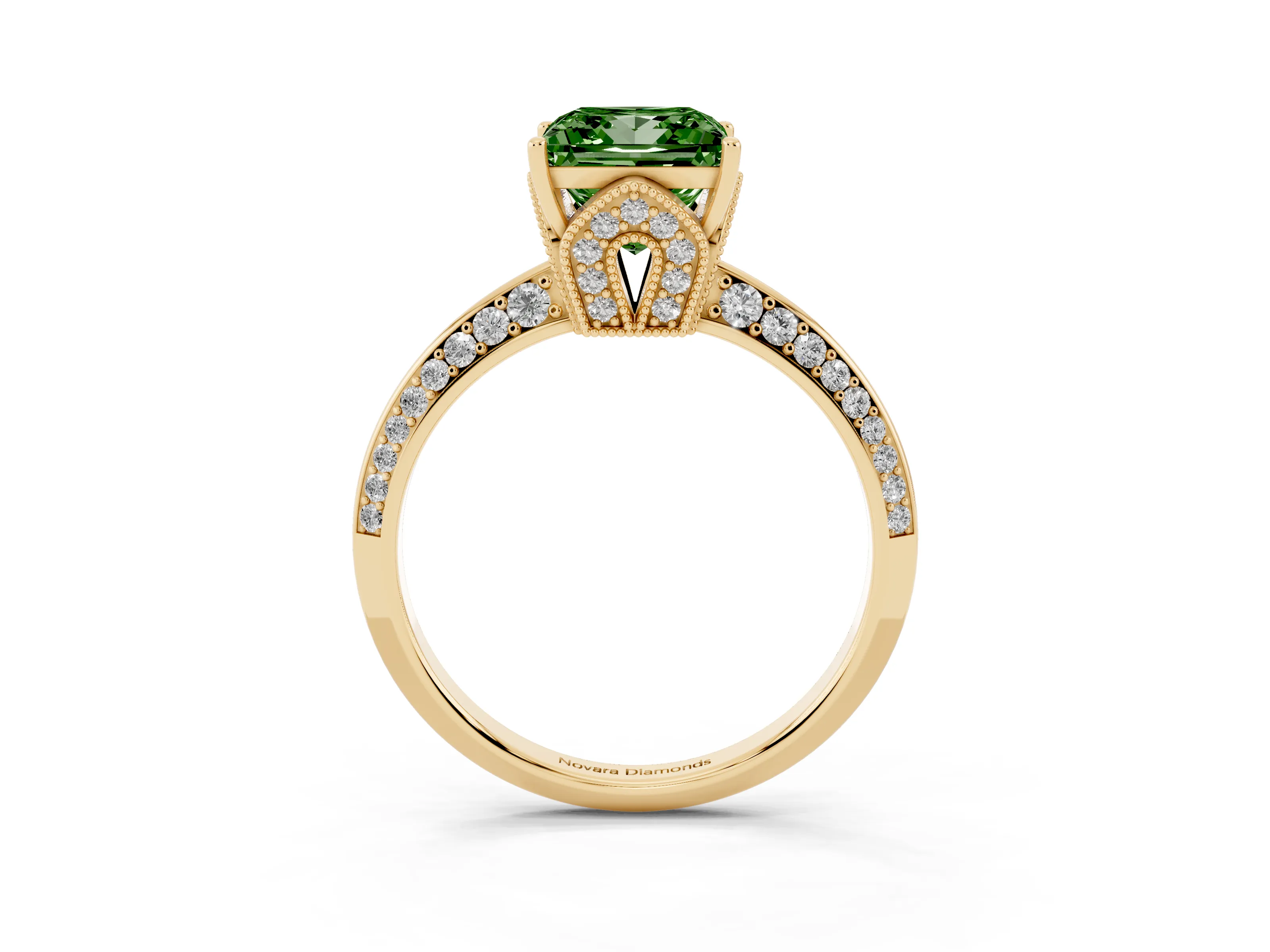 Fancy Green Princess Cut Diamond Solitaire Engagement Ring Set in Yellow gold with Pavé Split Shank and Prong Setting