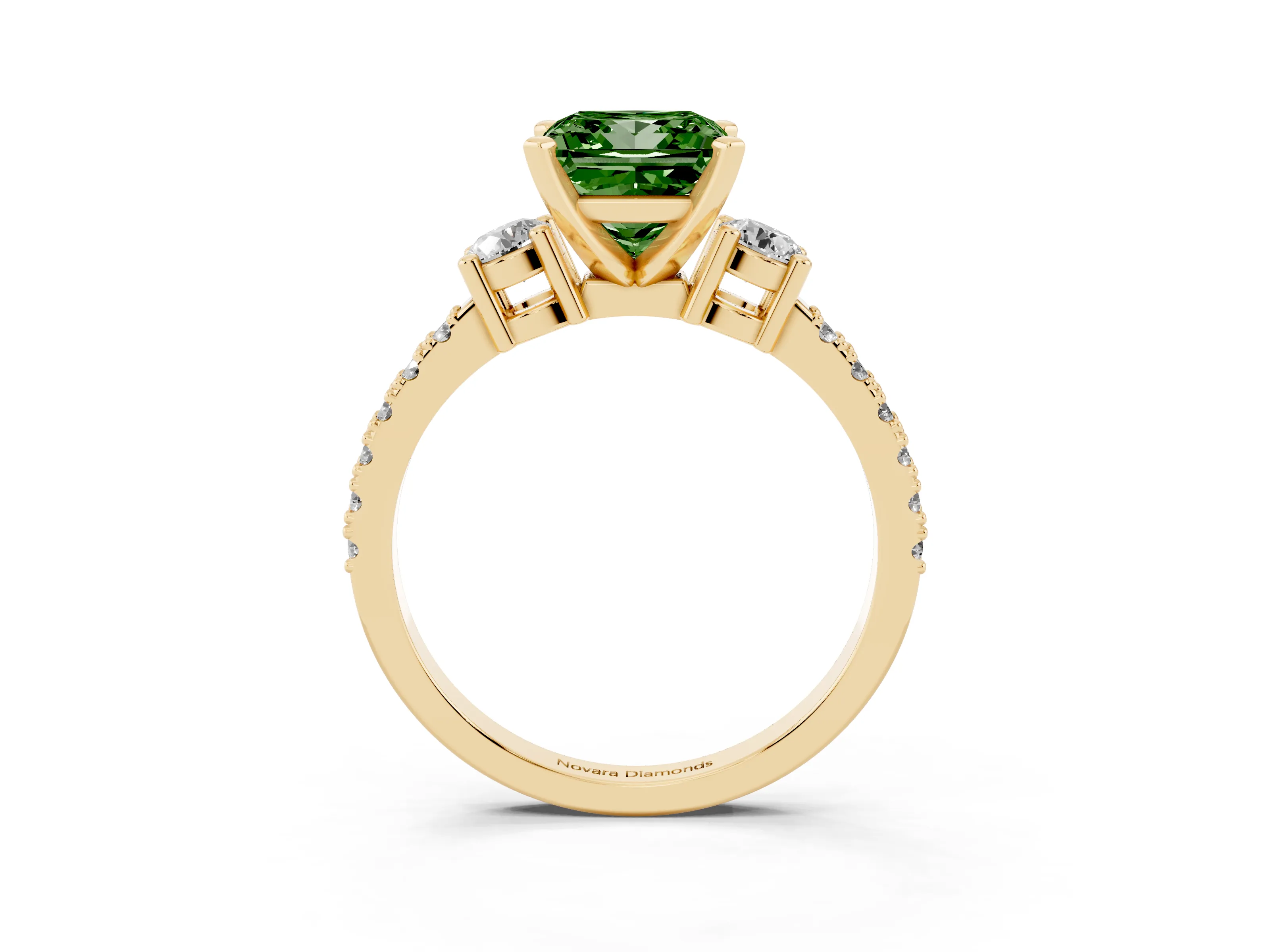 Fancy Green Three-Stone Princess Cut Diamond Pavé Band Ring Set in Yellow gold with Prong Setting