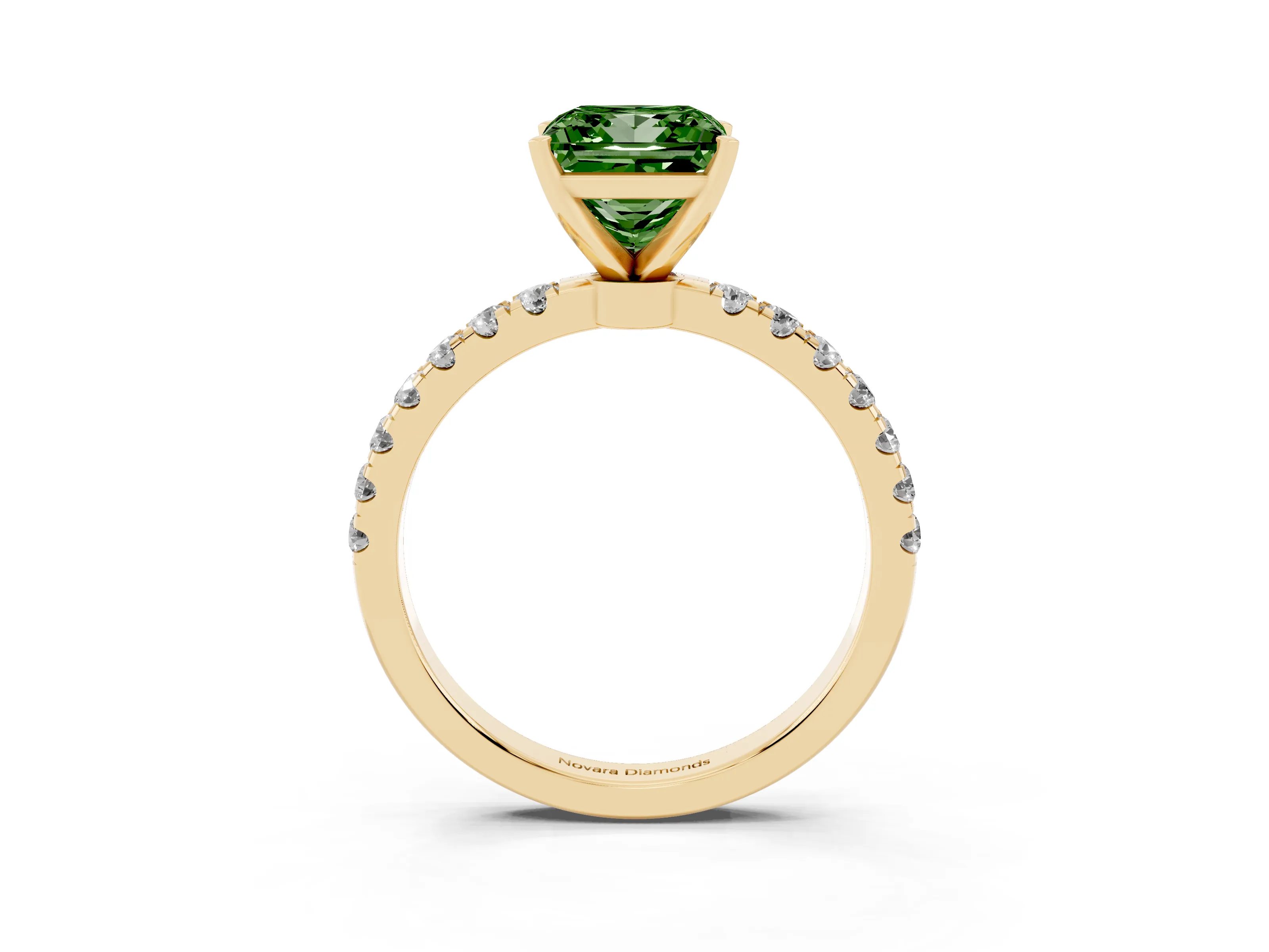 Fancy Green Princess Cut Diamond Solitaire Ring Set in Yellow gold with Pavé Accents and Prong Setting