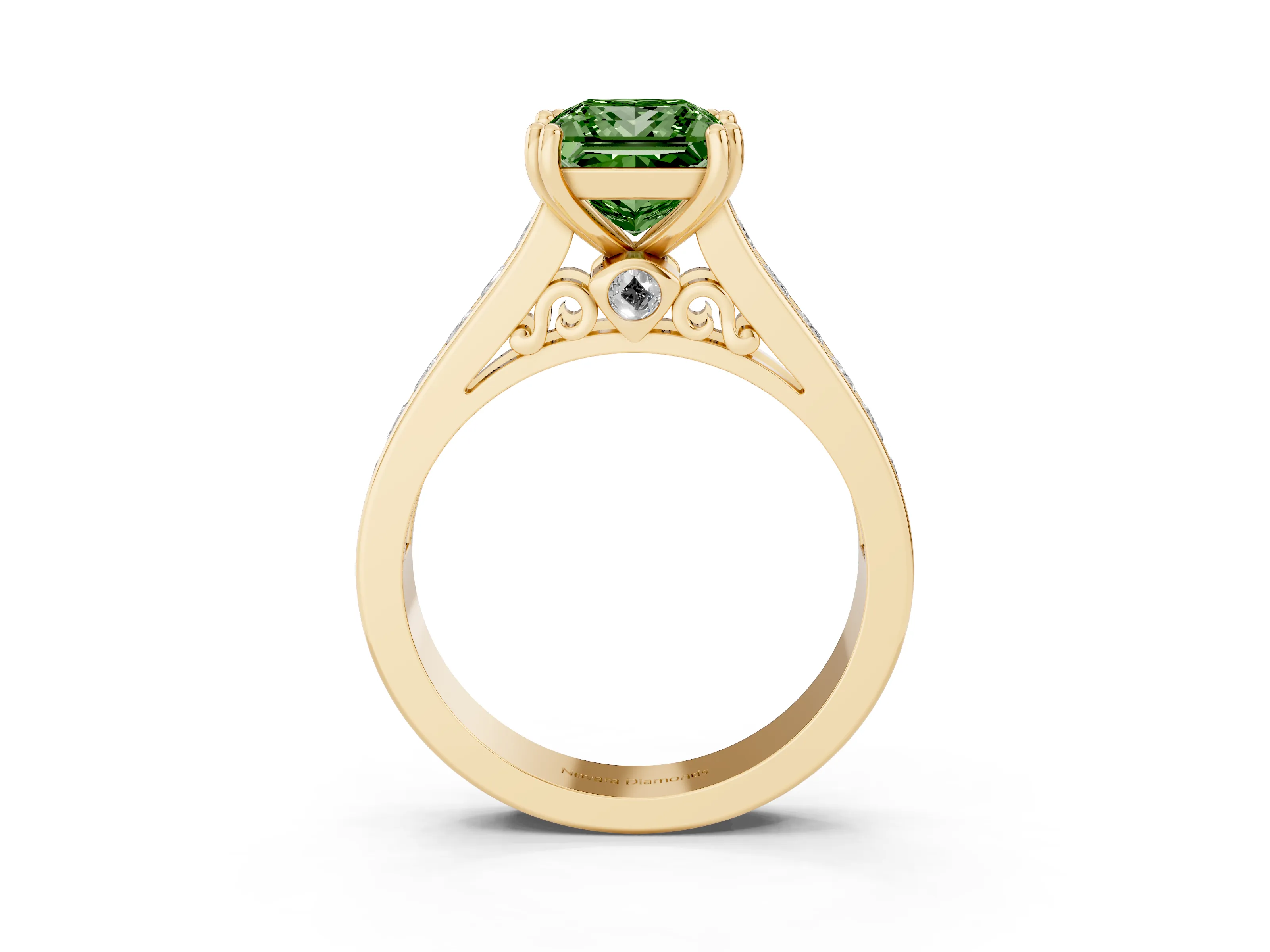 Fancy Green Princess Cut Diamond Channel Set Solitaire Engagement Ring Set in Yellow gold with Prong Setting