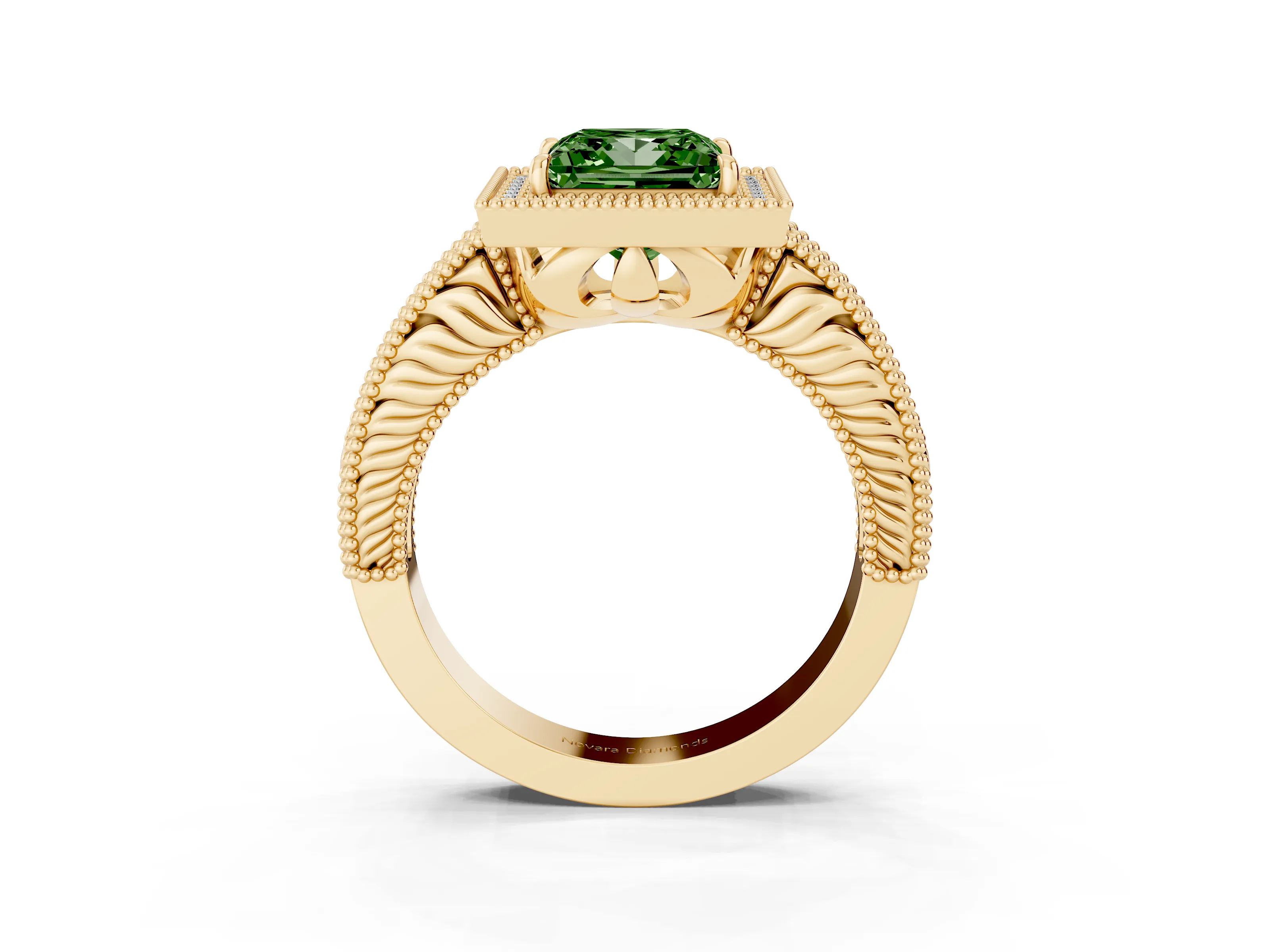 Fancy Green Princess Cut Diamond Halo Ring Set in Yellow gold with Round Accent Halo, Pavé Band and Prong Setting