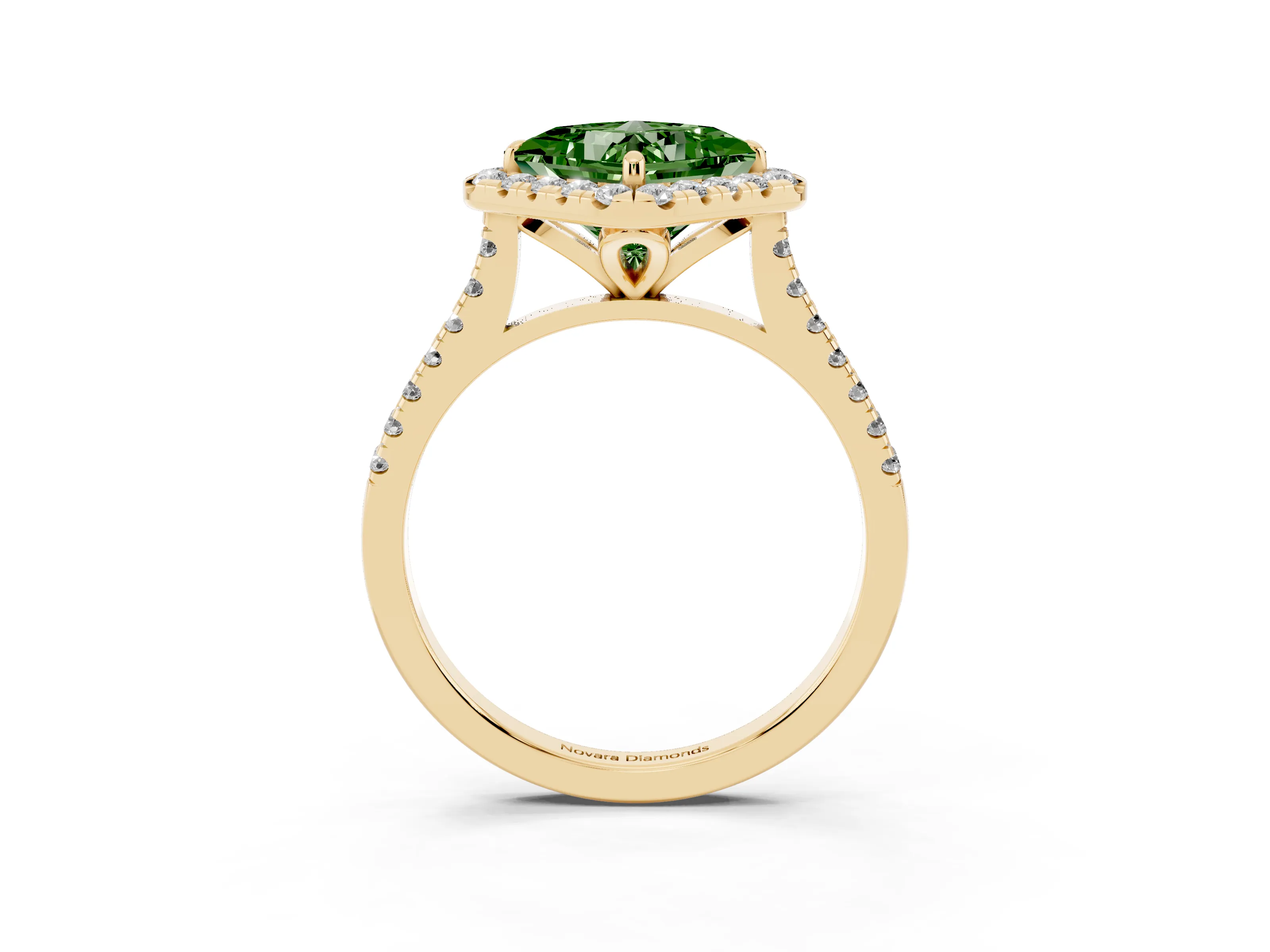 Fancy Green Princess Cut Diamond Cushion Halo Ring Set in Yellow gold with Pavé Band