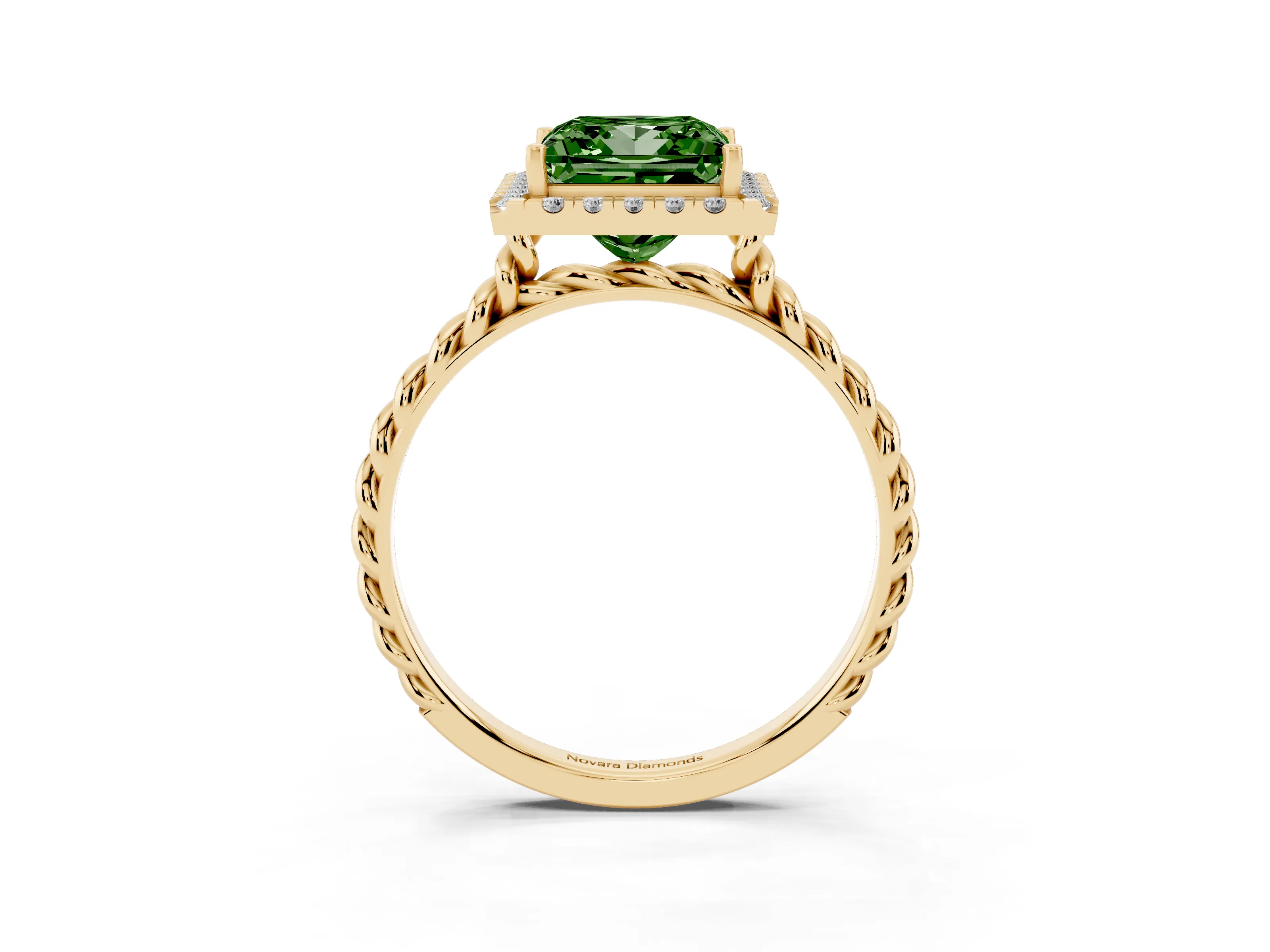 Fancy Green Princess Cut Diamond Halo Ring Set in Yellow gold with Plain Twisted Band