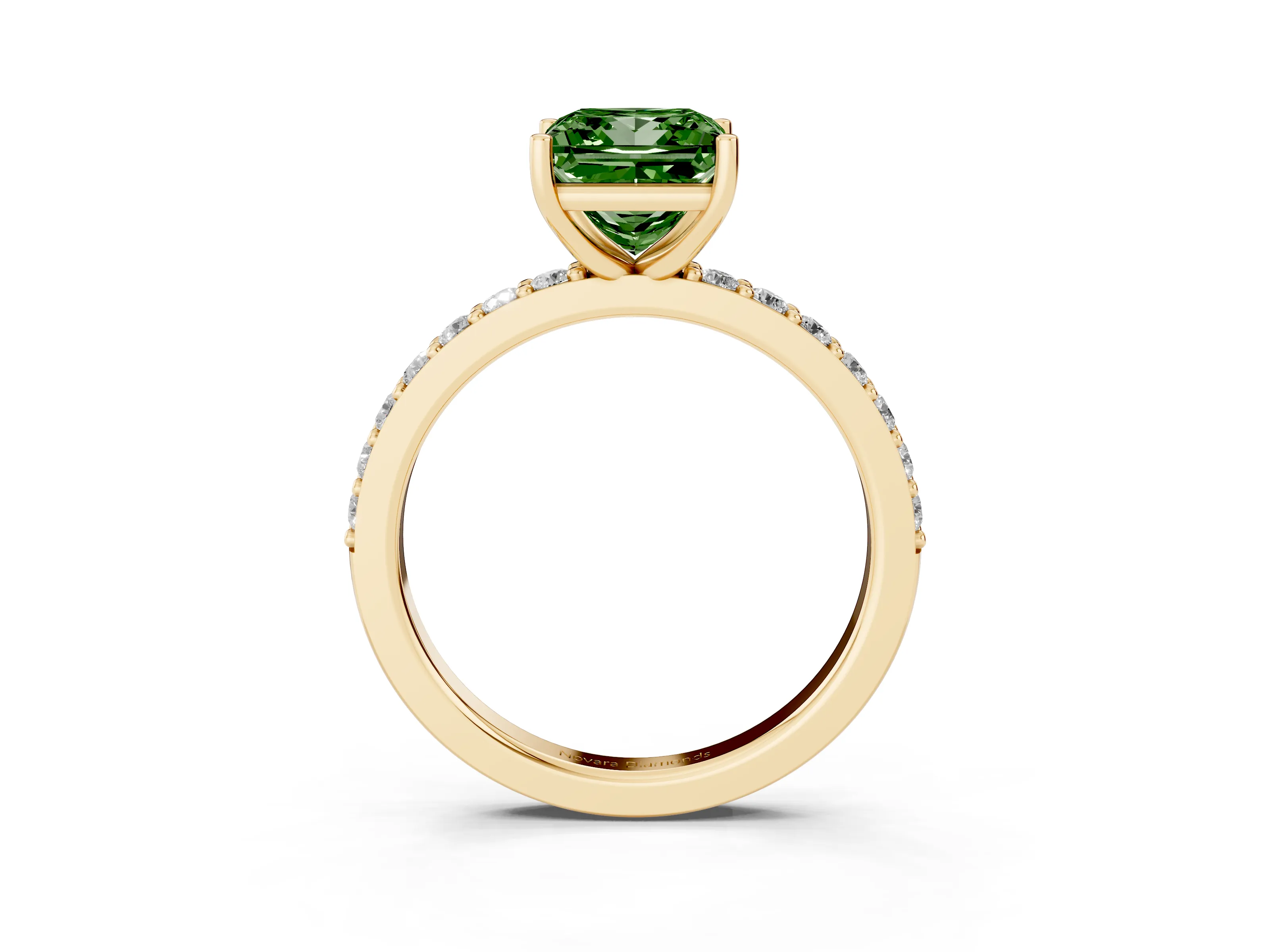 Fancy Green Princess Cut Diamond Solitaire Set in Yellow gold with Round Pavé Band and Prong Setting