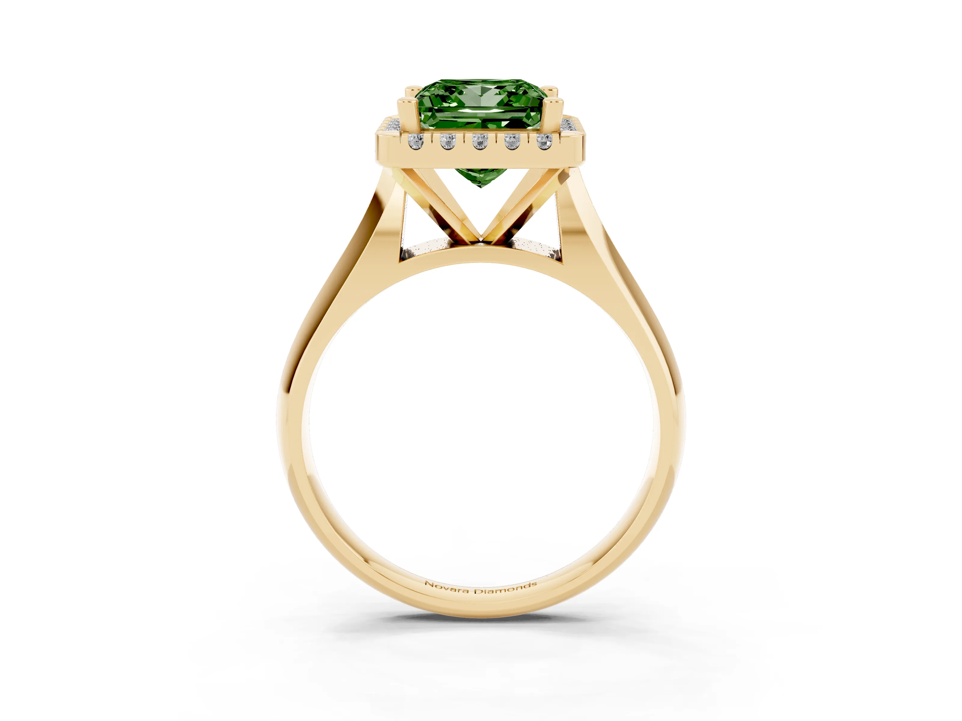 Fancy Green Princess Cut Diamond Halo Solitaire Engagement Ring Set in Yellow gold with Square Band and Prong Setting
