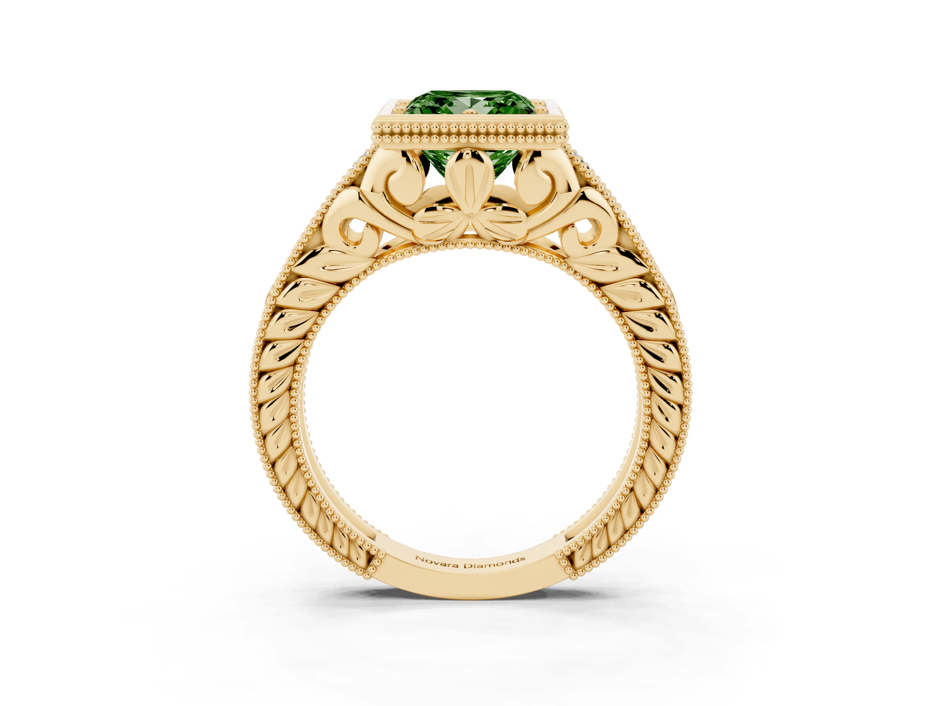 Fancy Green Bezel Set Princess Cut Diamond Milgrain Pavé Engagement Ring Set in Yellow gold