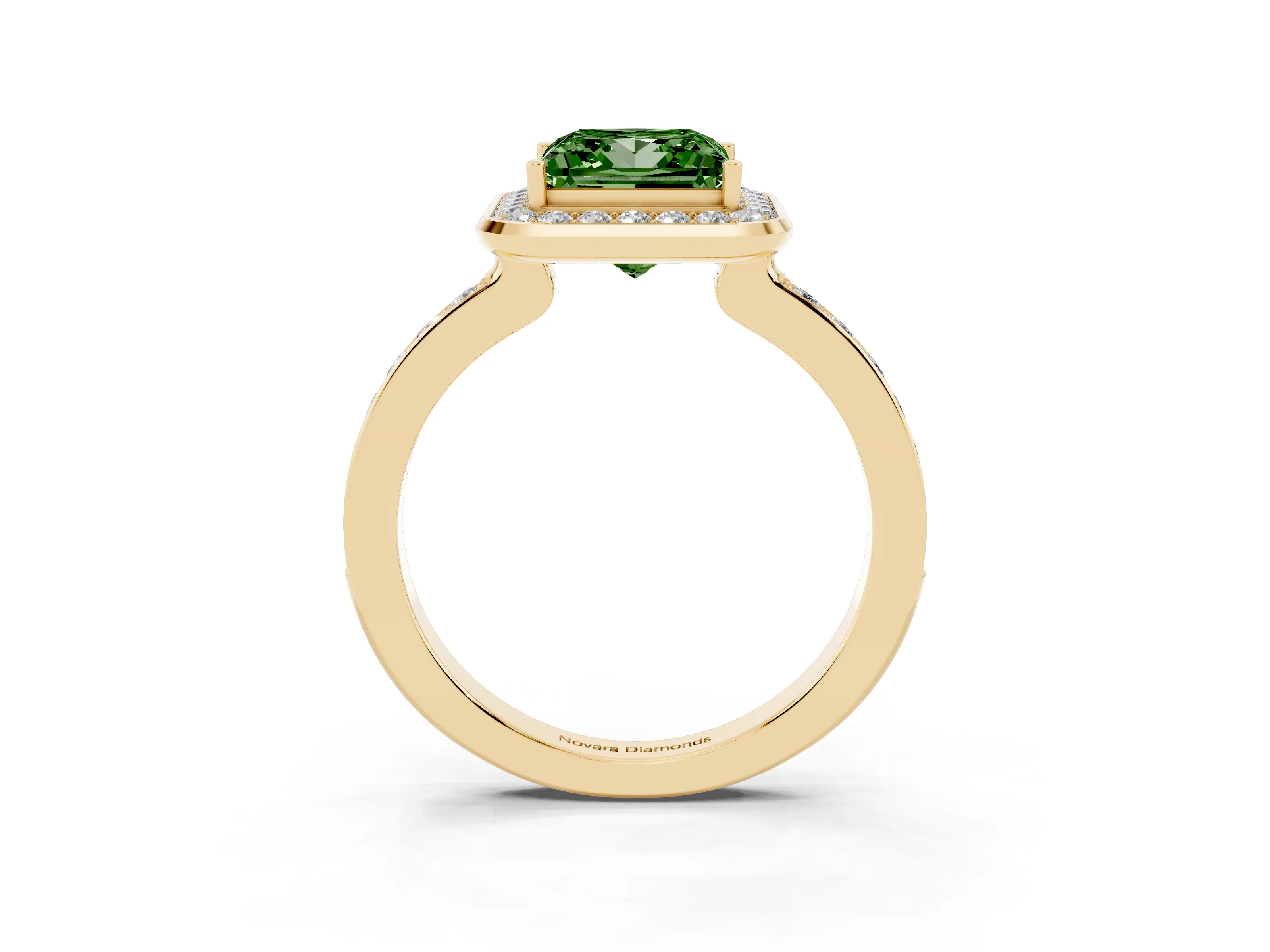 Fancy Green Princess Cut Diamond Halo Ring Set in Yellow gold with Bezel Frame and Pavé Band