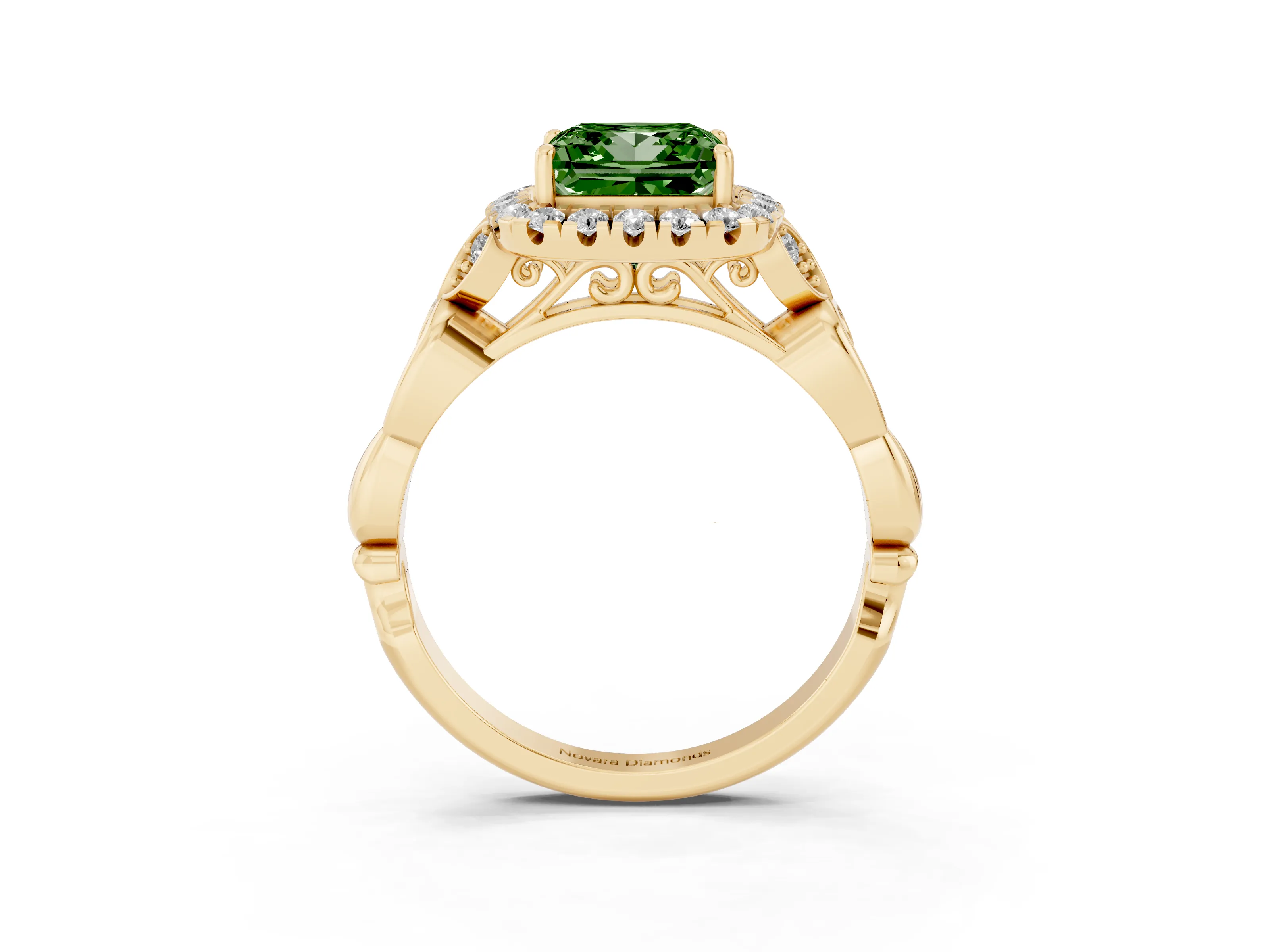 Fancy Green Princess Cut Diamond Halo Engagement Ring Set in Yellow gold with Vintage-Inspired Band and Prong Setting