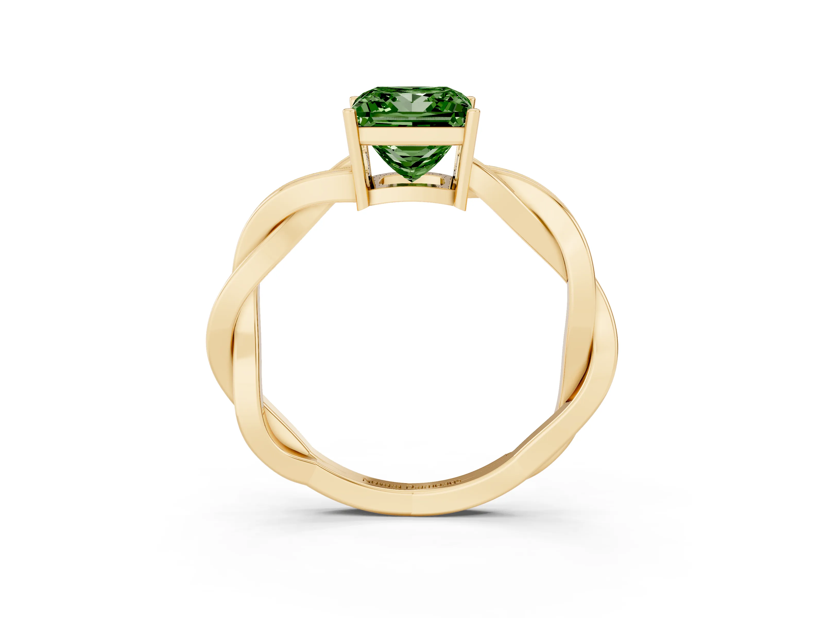 Fancy Green Princess Cut Diamond Solitaire Twisted Pavé Ring Set in Yellow gold with Prong Setting