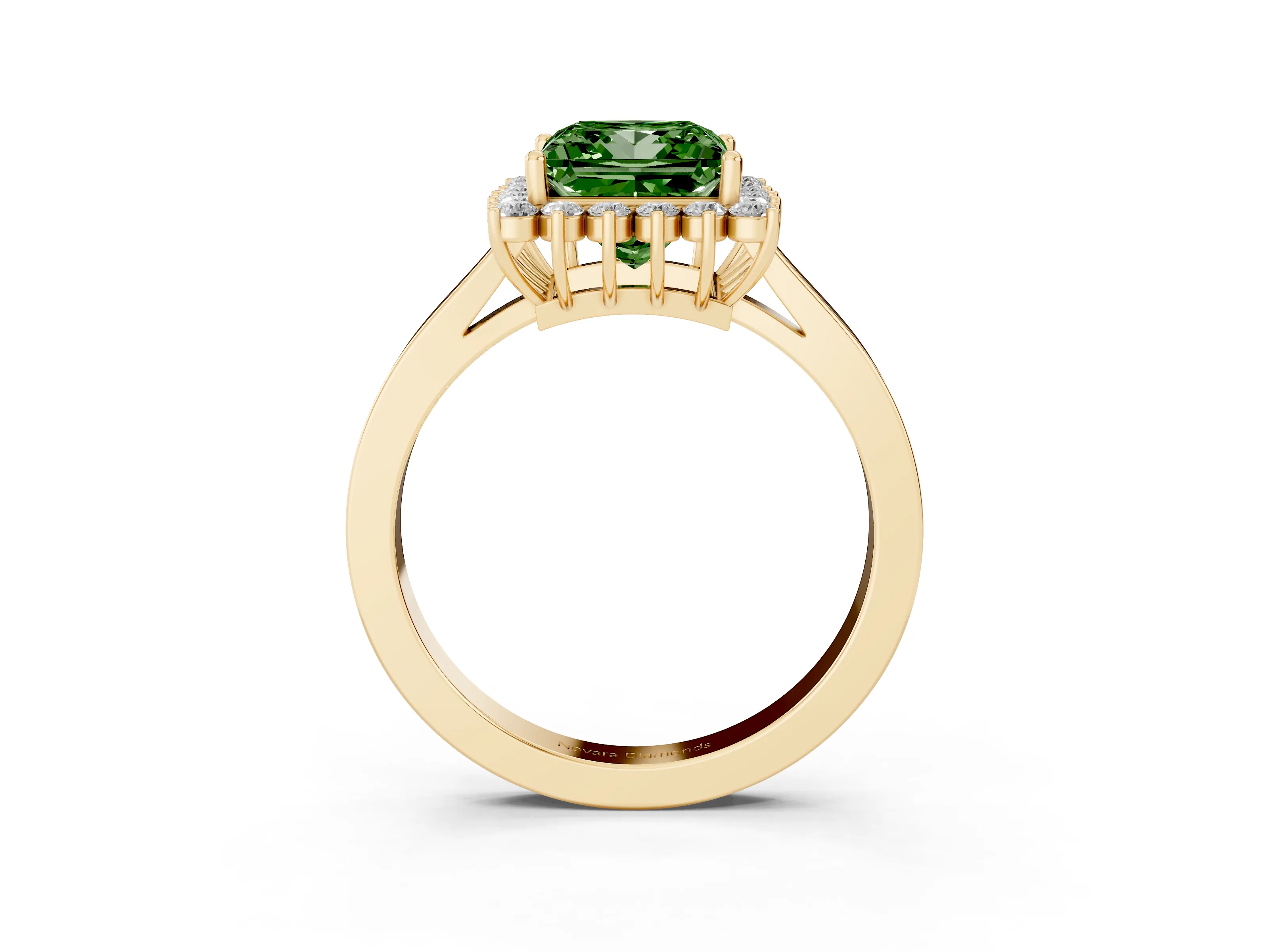 Fancy Green Princess Cut Diamond Halo Ring Set in Yellow gold with Round Halo and Smooth Solitaire Band