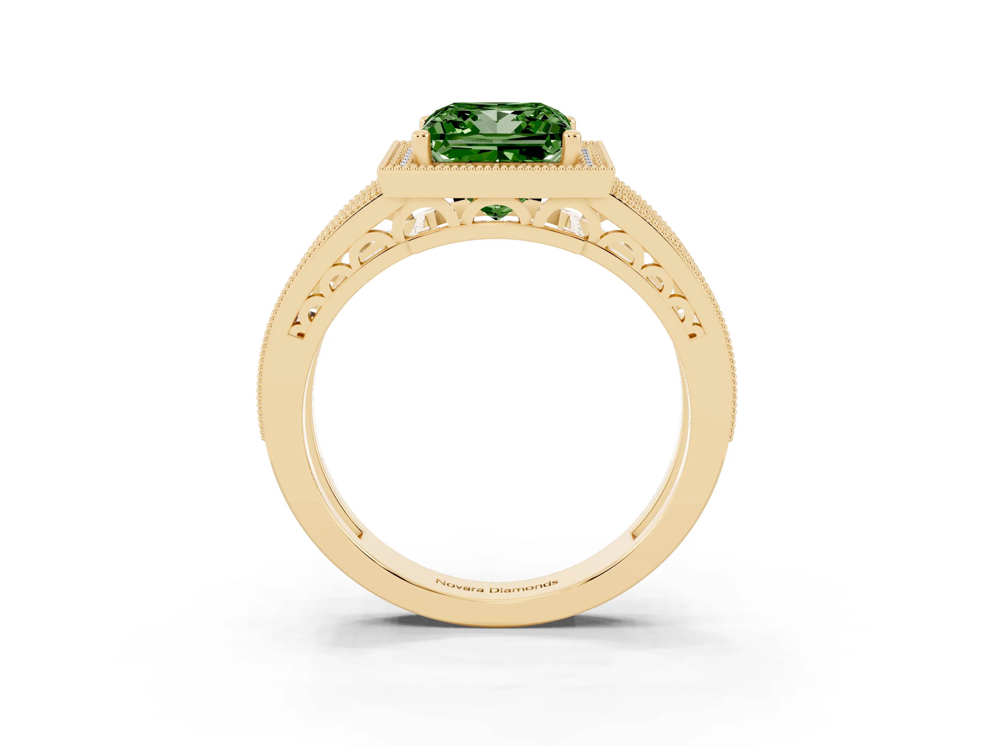 Fancy Green Princess Cut Diamond Halo Ring Set in Yellow gold with Accent Split Shank and Prong Setting
