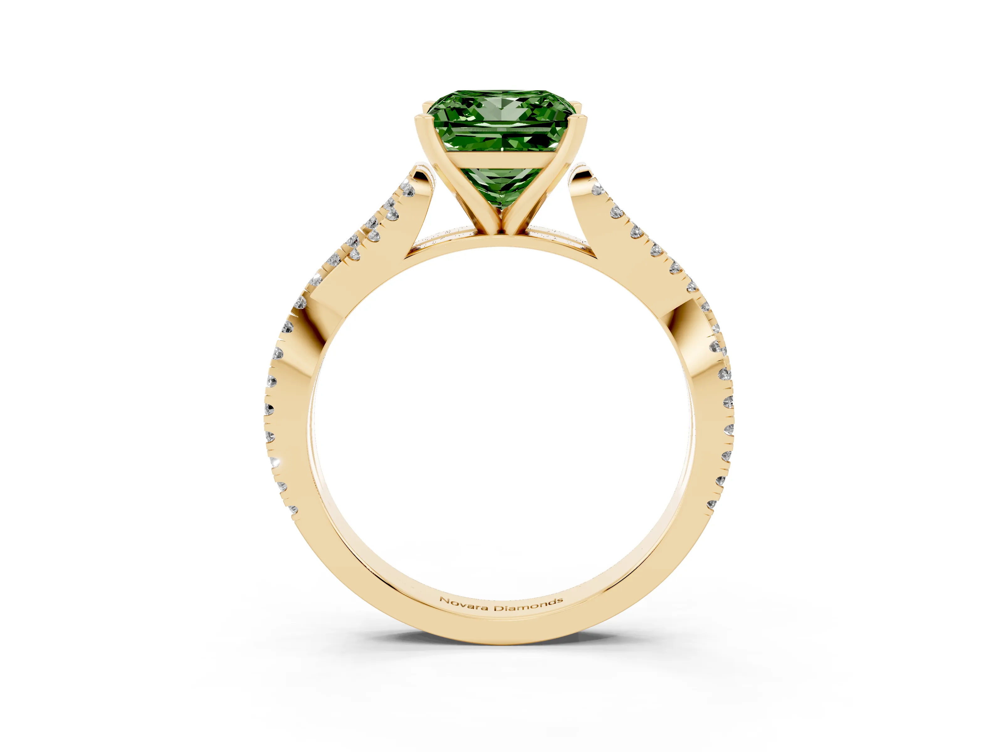 Fancy Green Princess Cut Diamond Solitaire Engagement Ring Set in Yellow gold with Twisted Pavé Band and Prong Setting