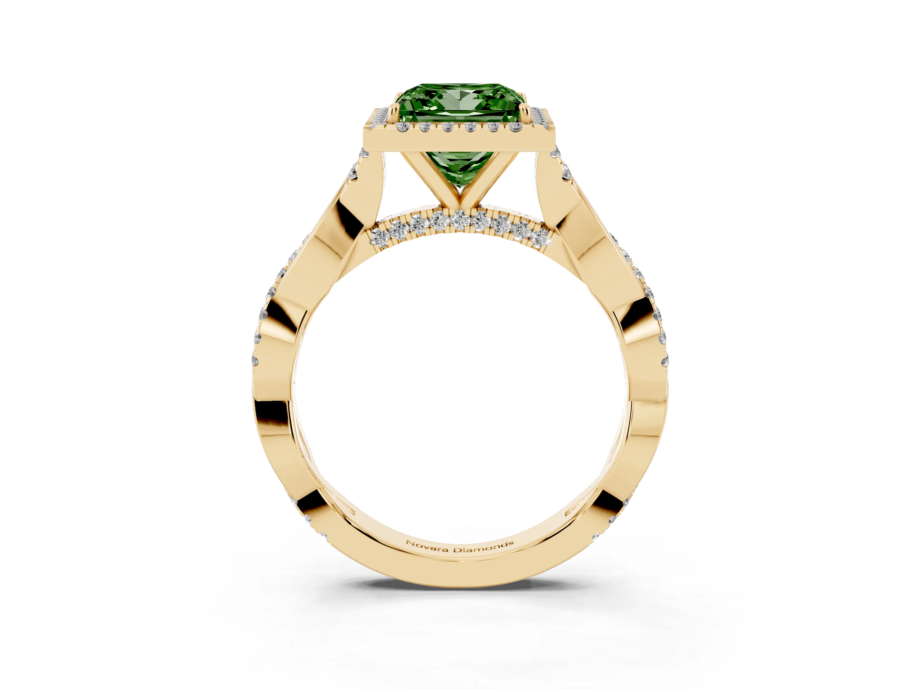 Fancy Green Princess Cut Diamond Halo Twist Band Solitaire Ring Set in Yellow gold with Prong Setting