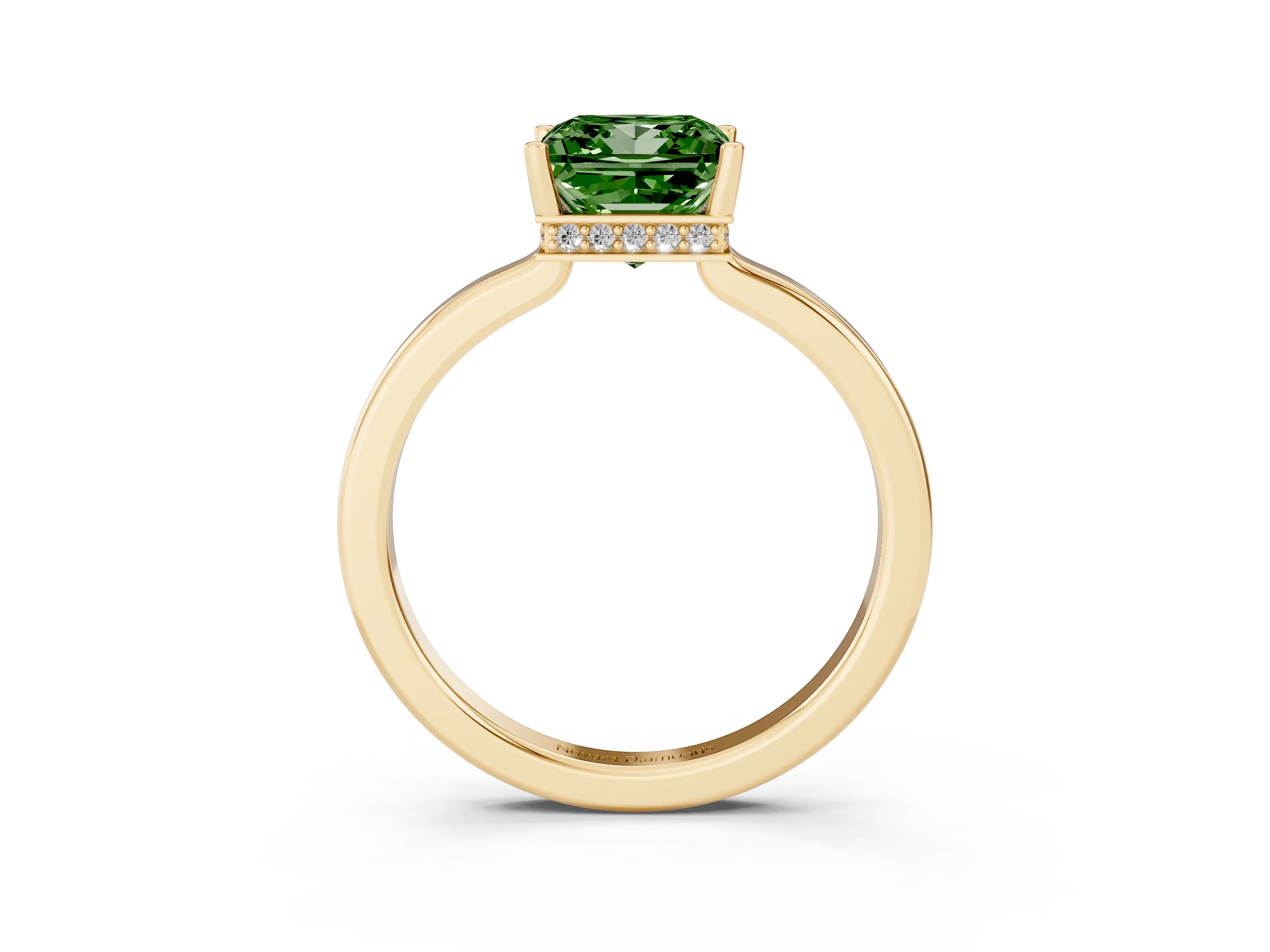 Fancy Green Princess Cut Diamond Solitaire Engagement Ring Set in Yellow gold with Prong Setting on a Plain Band