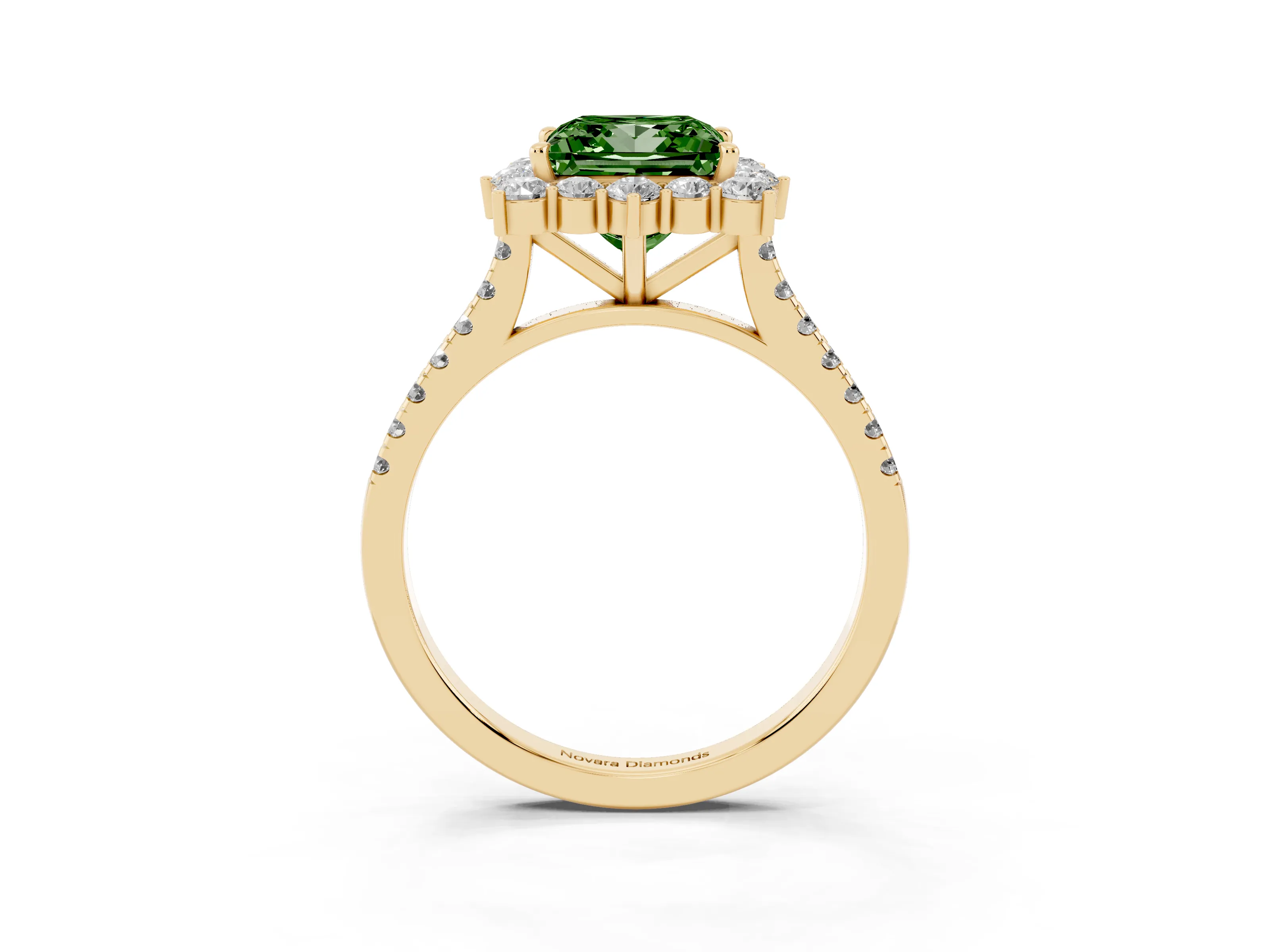 Fancy Green Princess Cut Diamond Halo Ring Set in Yellow gold with Pavé Band and Prong Setting