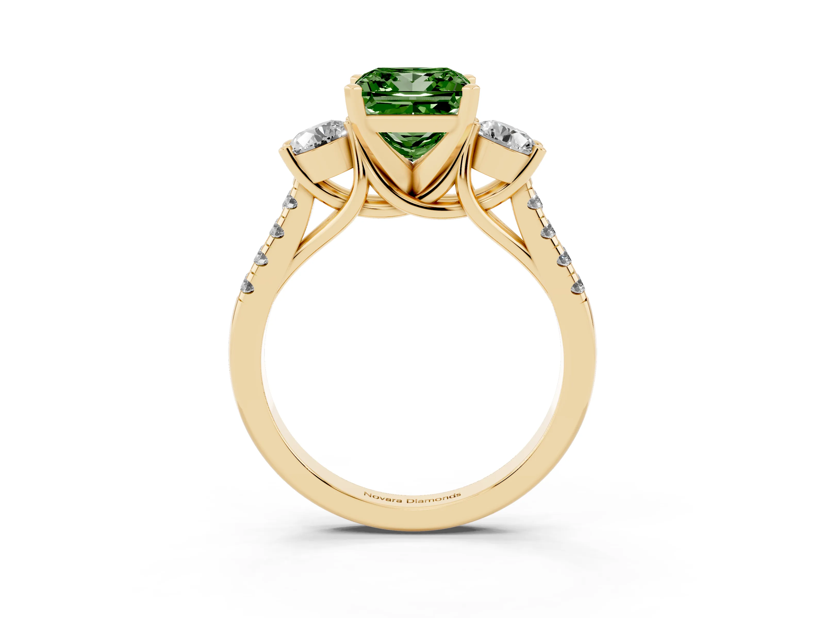 Fancy Green Three-Stone Princess Cut Diamond Pavé Band Ring Set in Yellow gold with Prong-Set Trio