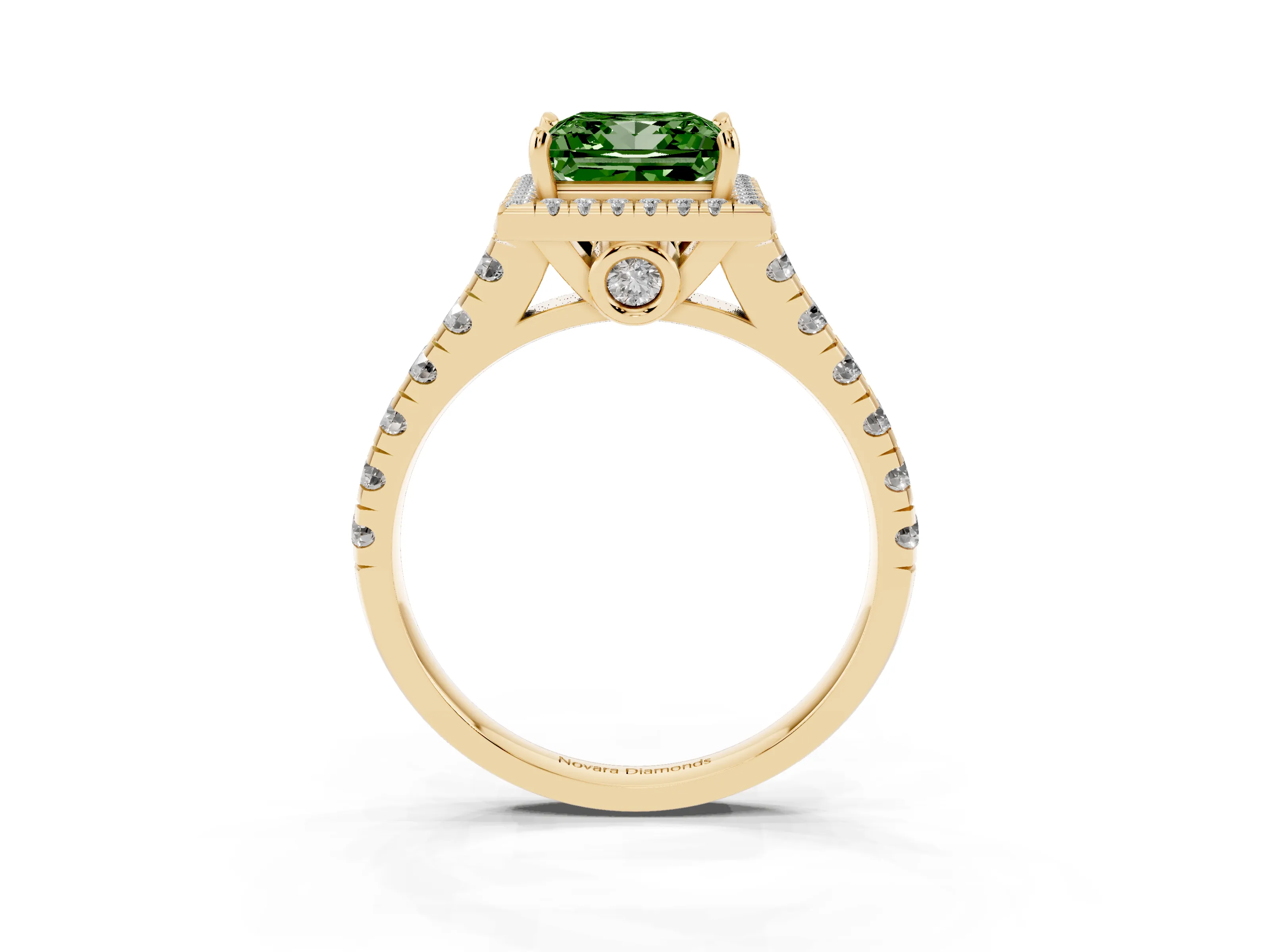 Fancy Green Princess Cut Diamond Halo Engagement Ring Set in Yellow gold with Pavé Band and Prong-Set Center