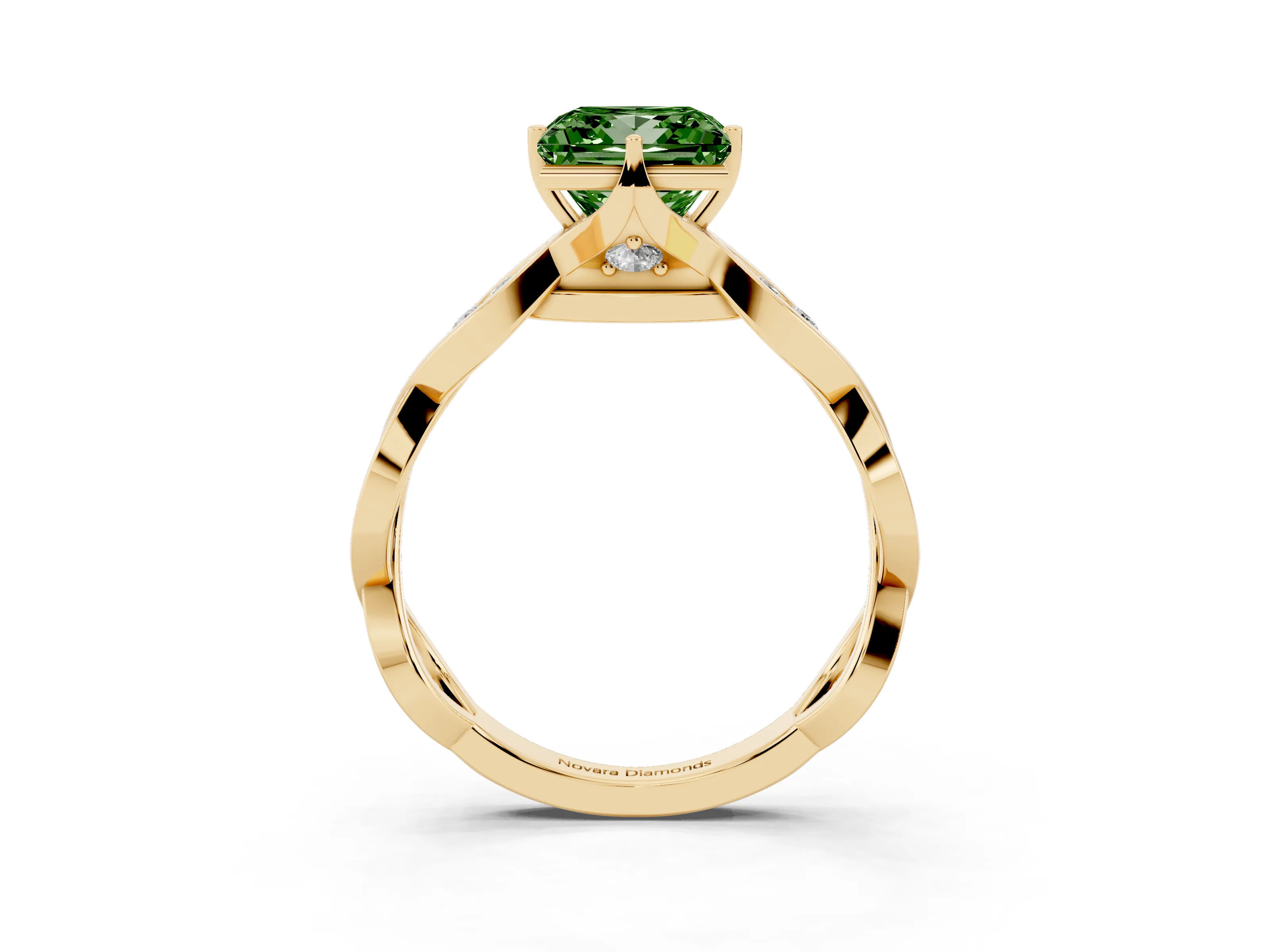 Fancy Green Princess Cut Diamond Twist Band Solitaire Ring Set in Yellow gold with Leaf Prong Setting and Accent Stones