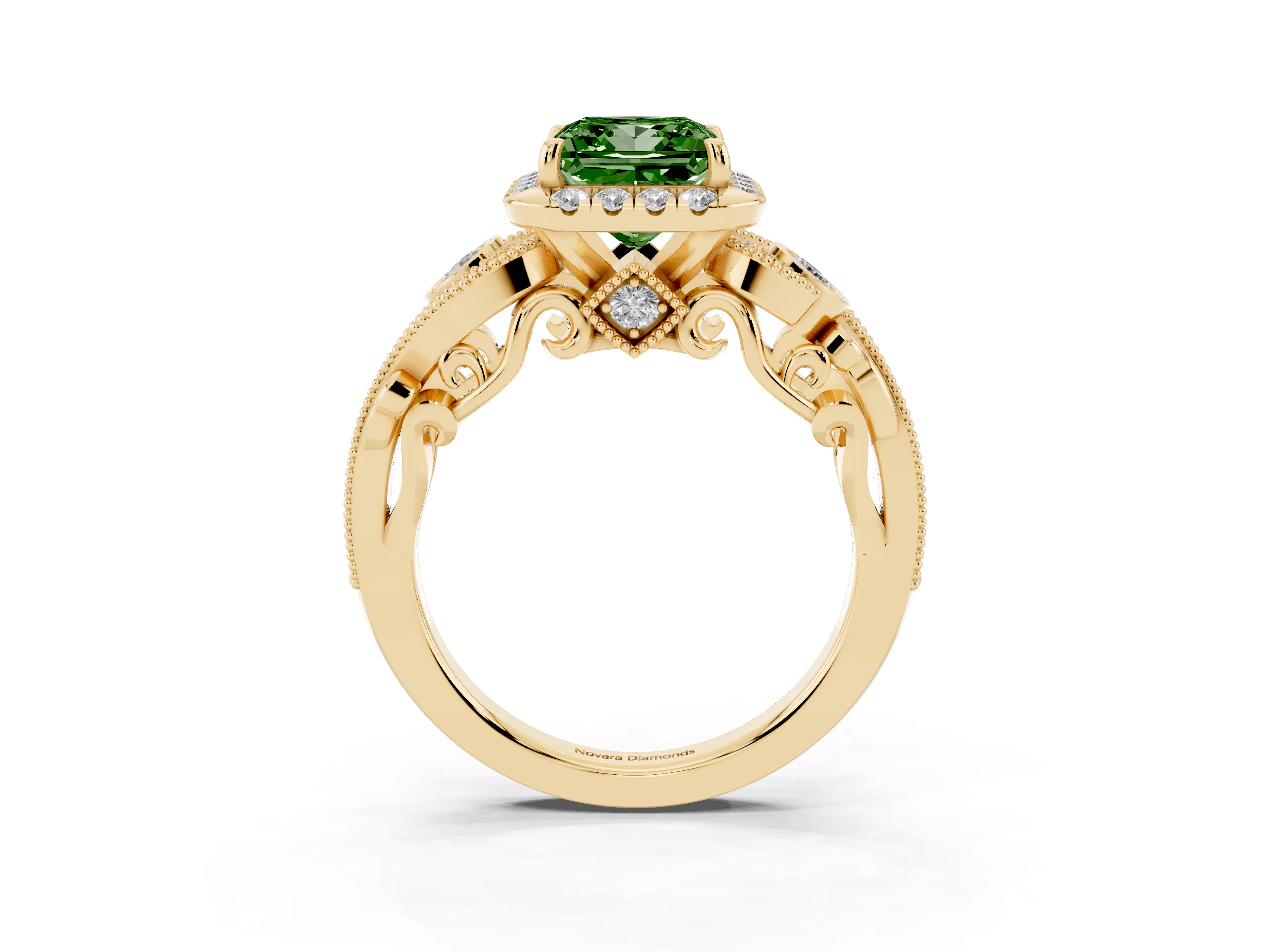 Fancy Green Princess Cut Diamond Halo Split Shank Ring Set in Yellow gold with Milgrain and Bezel Accents