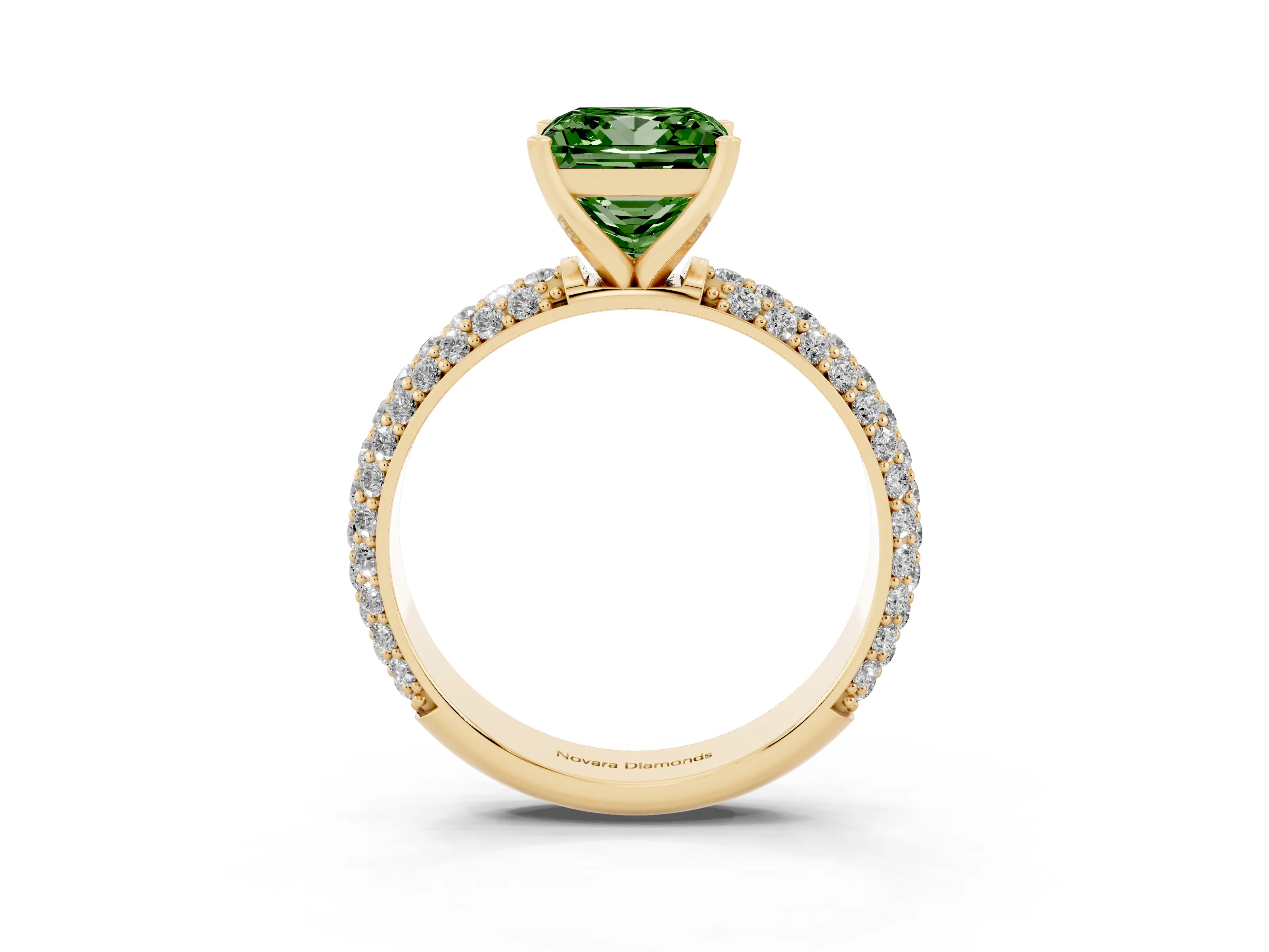 Fancy Green Princess Cut Diamond Solitaire Ring Set in Yellow gold with Prong Setting and Pavé-Set Band