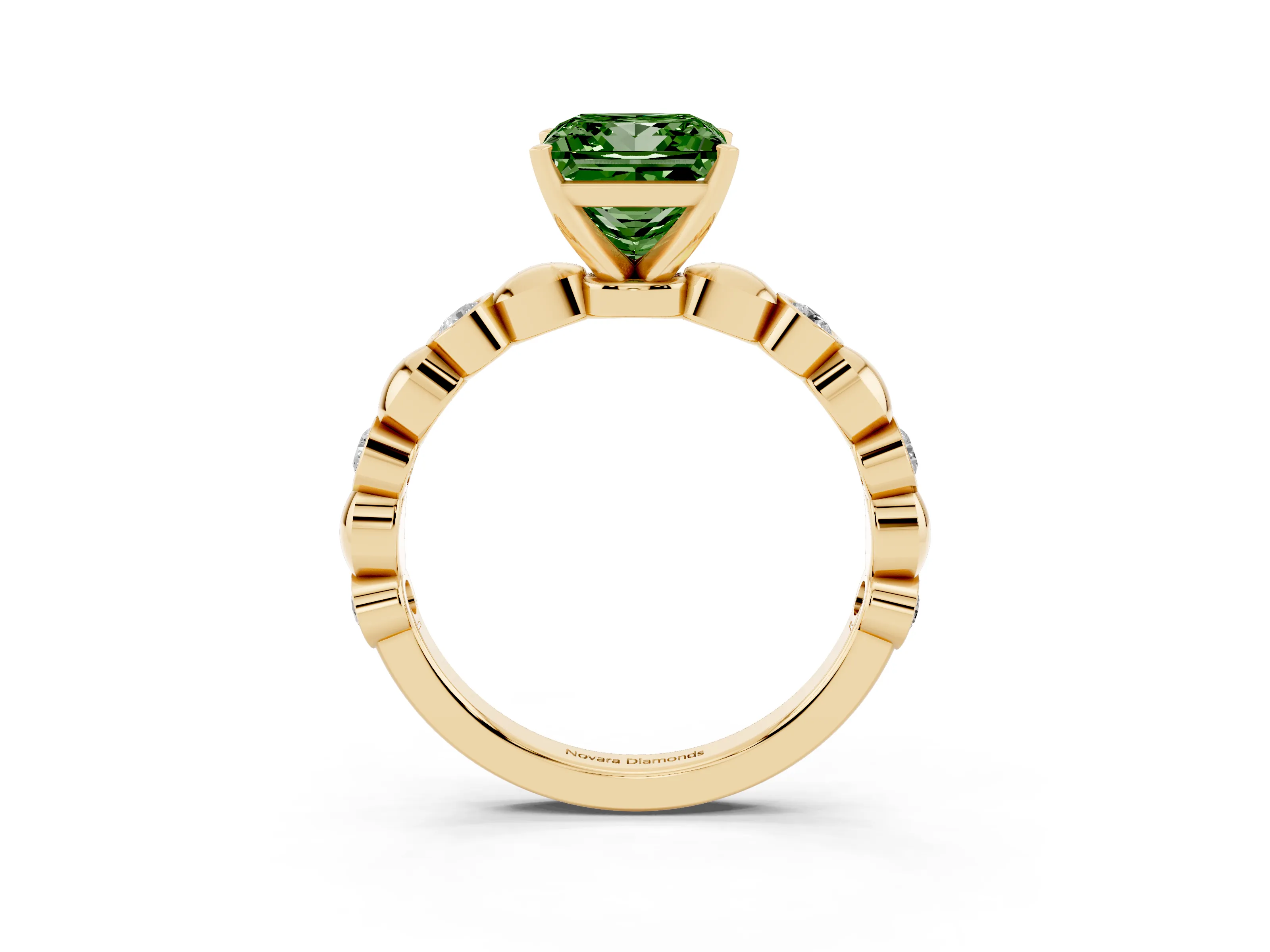 Fancy Green Princess Cut Diamond Solitaire Ring Set in Yellow gold with Bezel-Set Accents on Beaded Band and Prong Setting