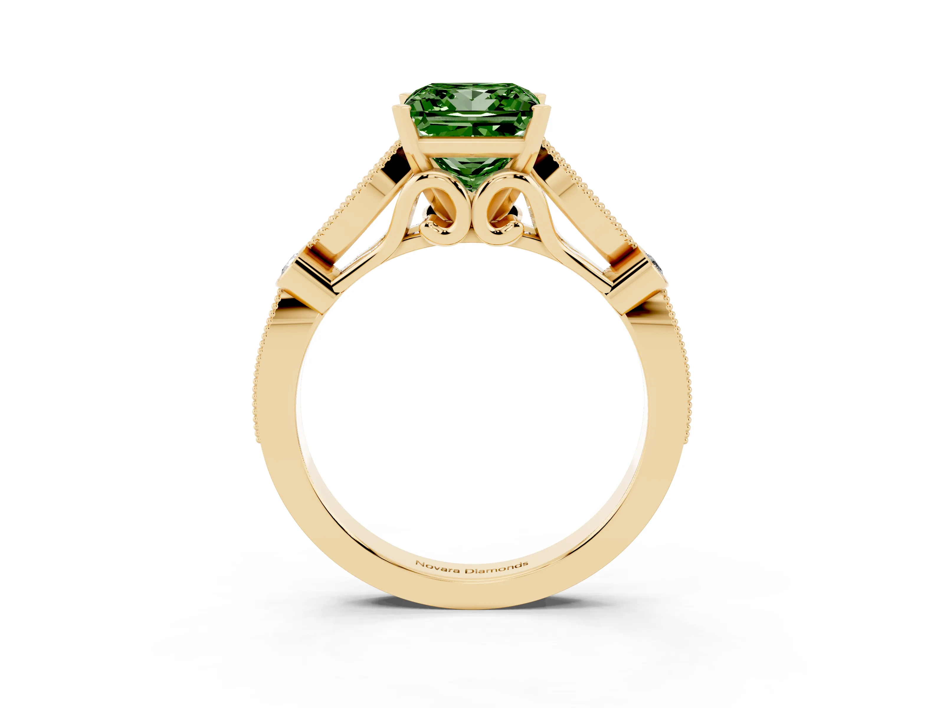 Fancy Green Princess Cut Diamond Solitaire Ring Set in Yellow gold with Milgrain Marquise and Bezel Accents