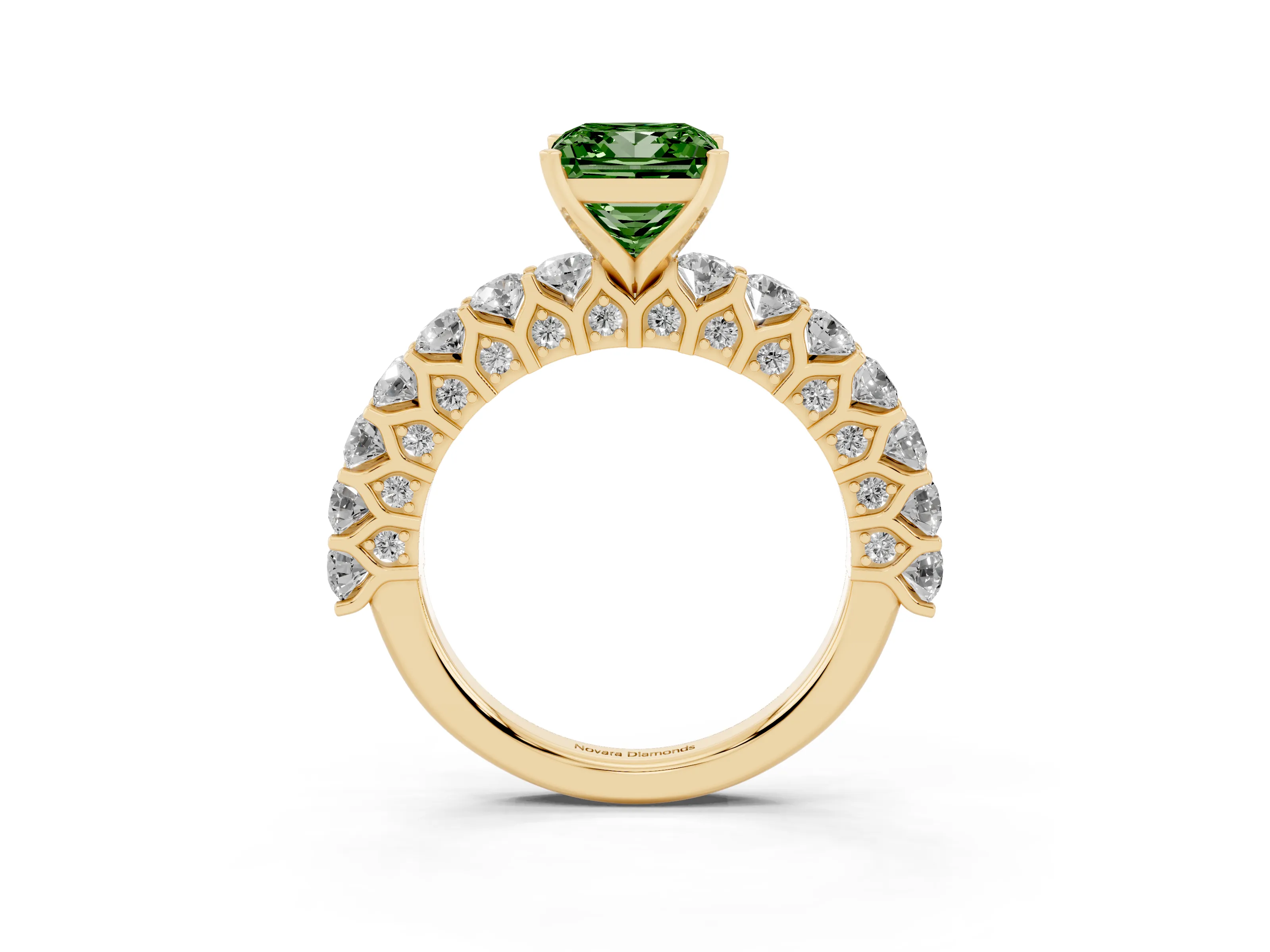 Fancy Green Princess Cut Diamond Solitaire Ring Set in Yellow gold with Shared Prong Pavé Band
