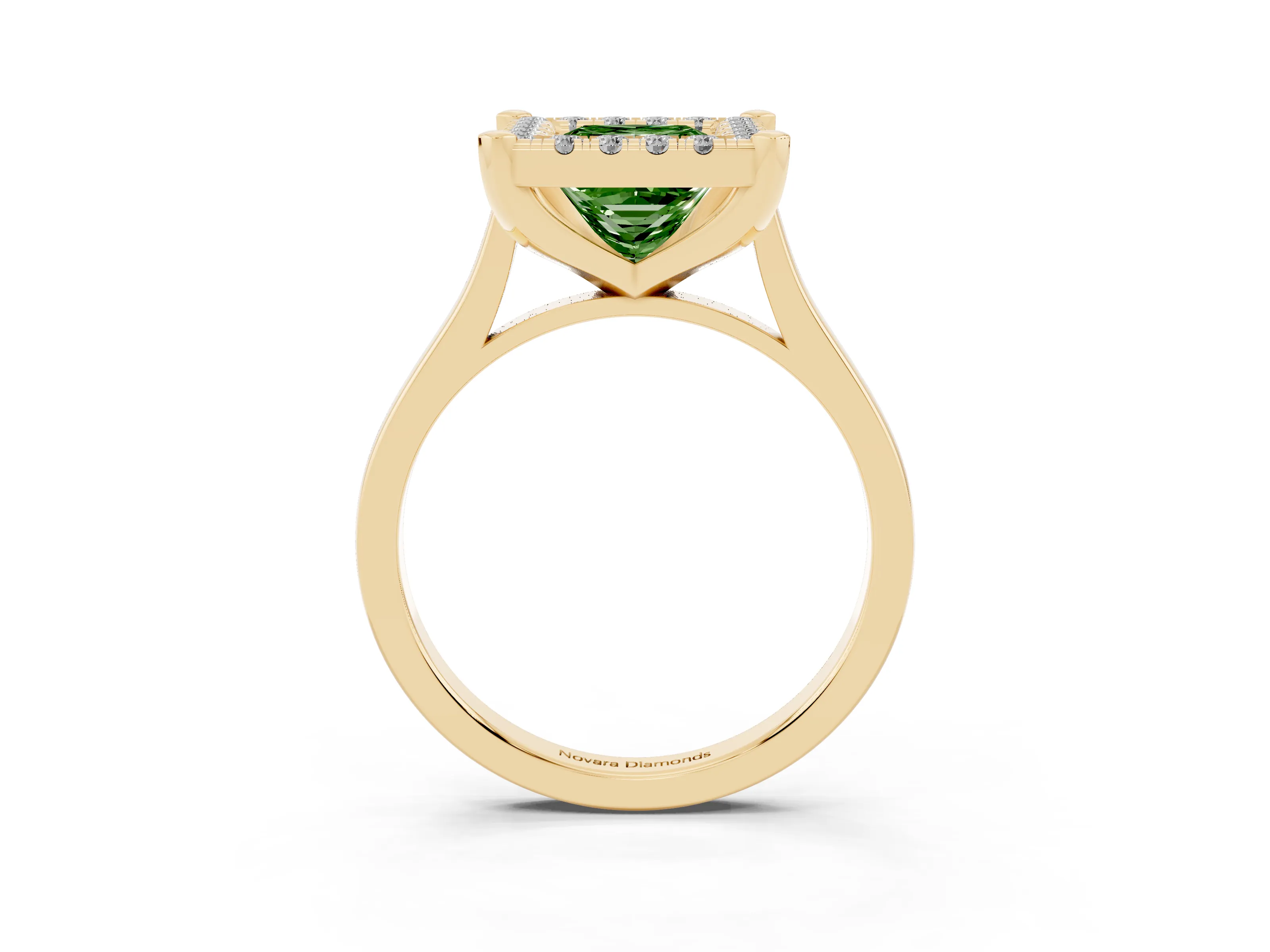 Fancy Green Princess Cut Diamond Cluster Halo Solitaire Ring Set in Yellow gold with Prong Setting