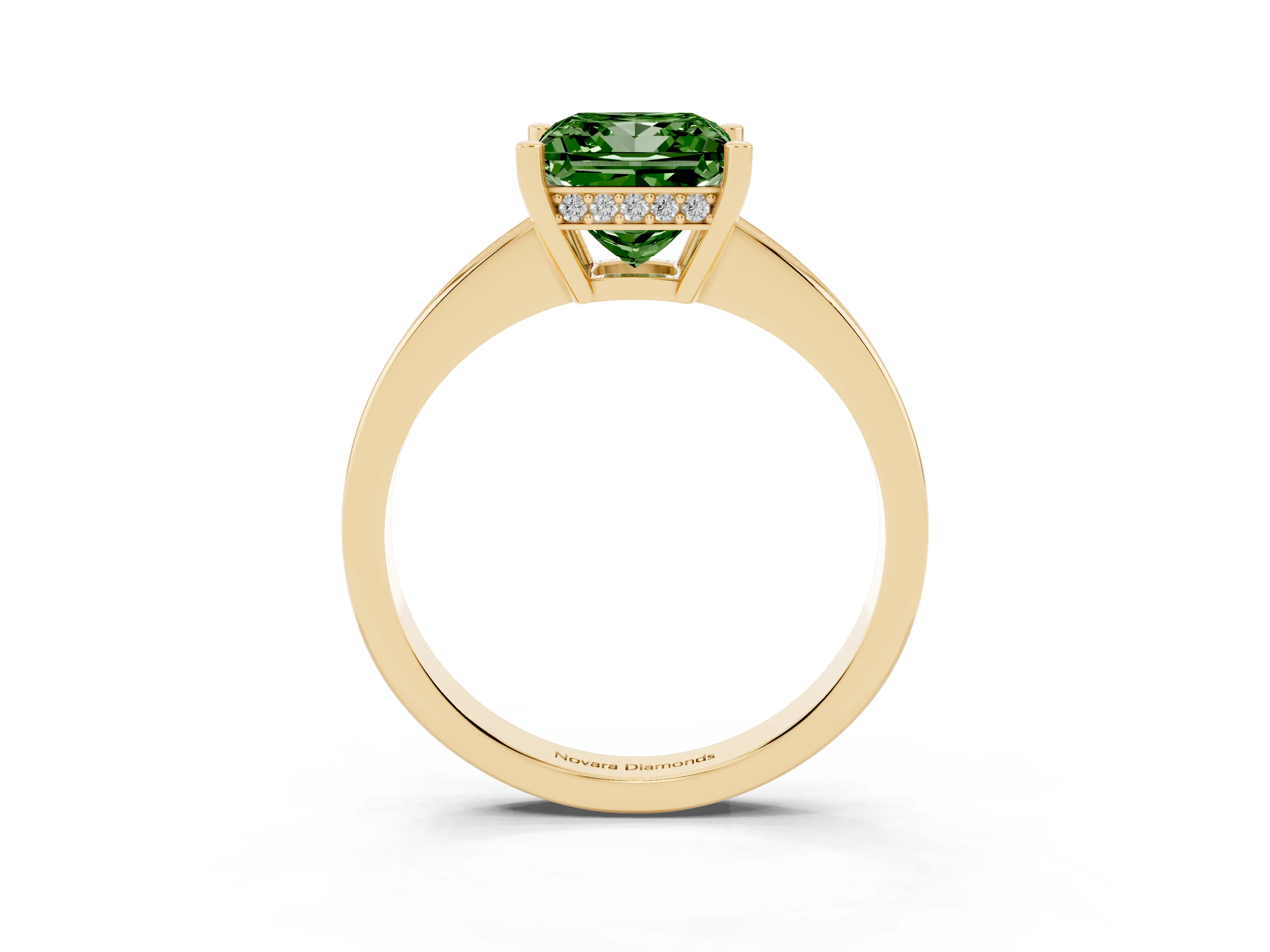 Fancy Green Princess Cut Diamond Pavé Band Prong Set Solitaire Ring Set in Yellow gold