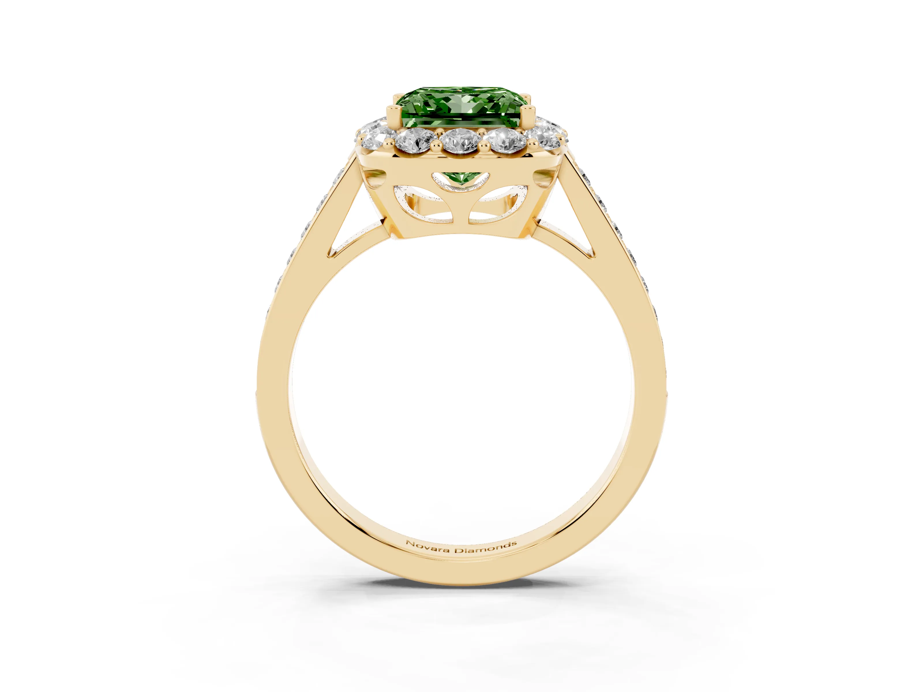 Fancy Green Princess Cut Diamond Floral Halo Ring Set in Yellow gold with Pavé Band and Prong Setting