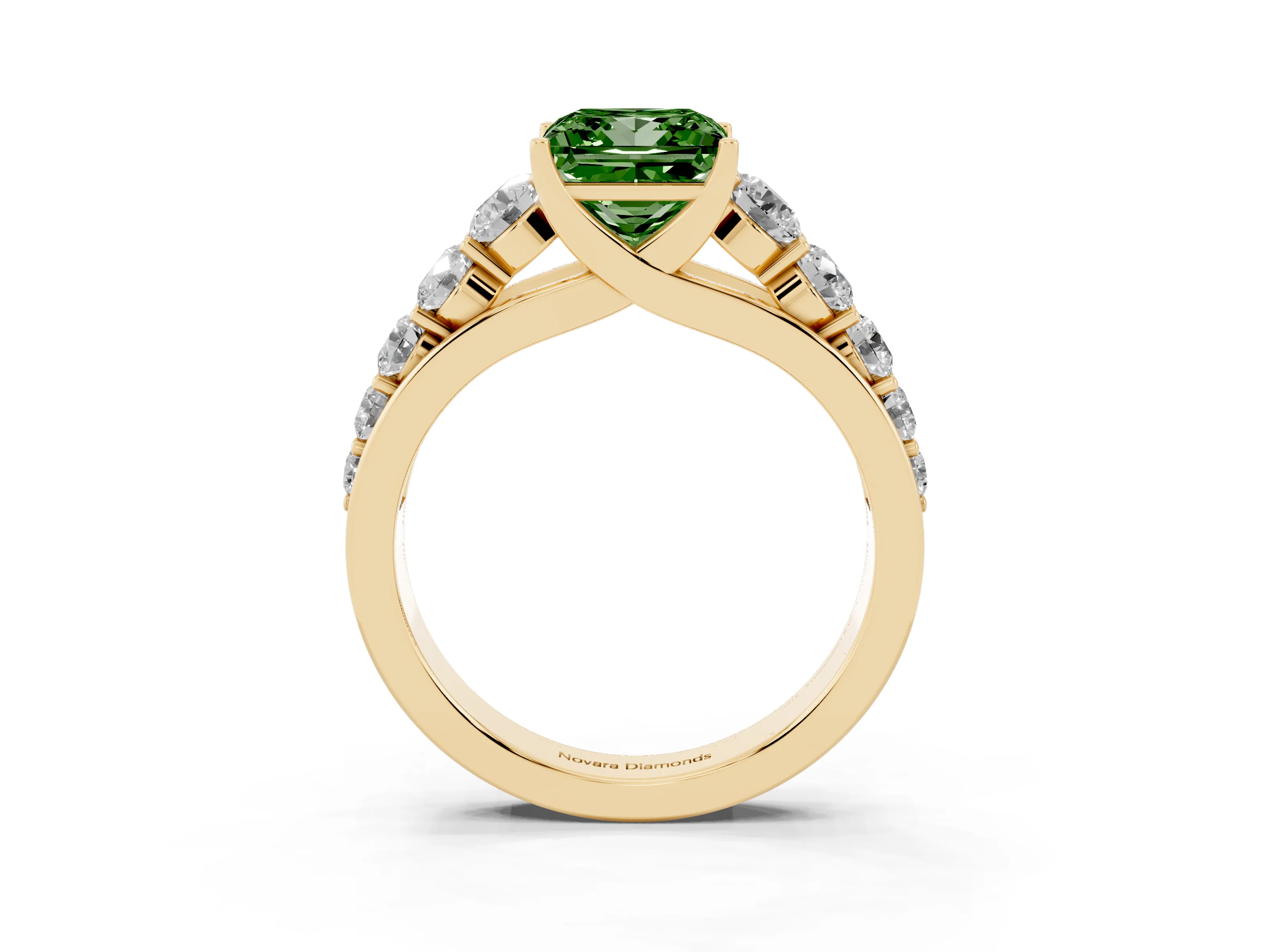 Fancy Green Princess Cut Diamond Solitaire Ring Set in Yellow gold with Pavé-Set Band and Prong Setting