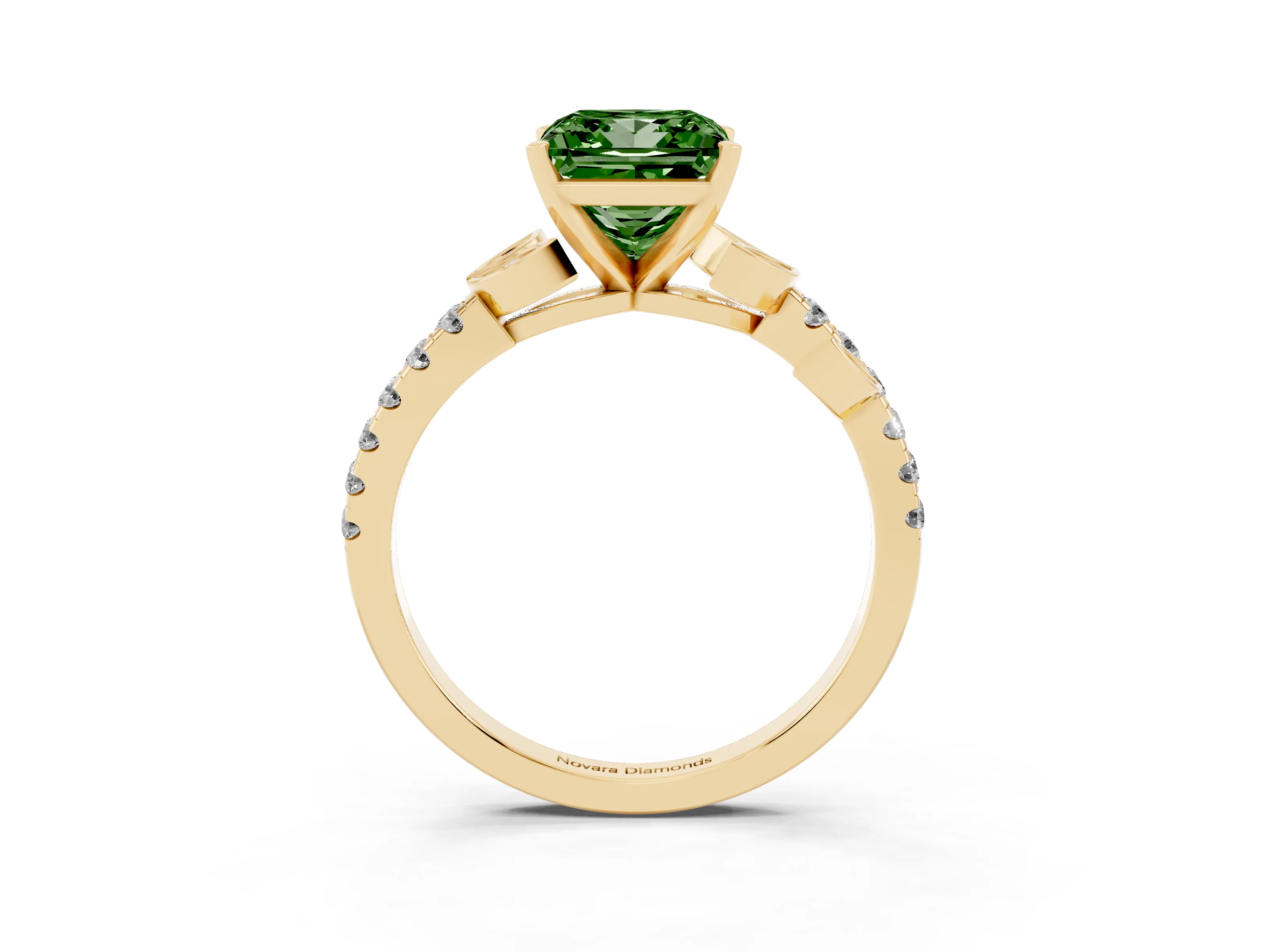 Fancy Green Princess Cut Diamond Solitaire Leaf-Inspired Ring Set in Yellow gold with Pavé Band and Prong Setting