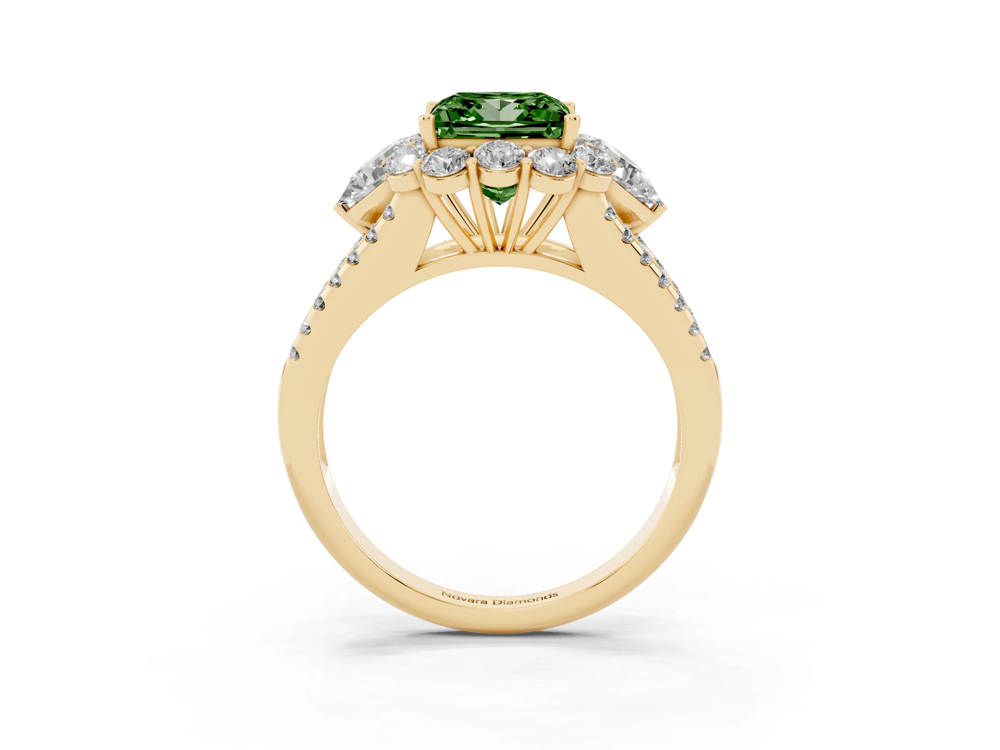 Fancy Green Princess Cut Diamond Halo Split Shank Engagement Ring Set in Yellow gold with Prong-Held Center Stone