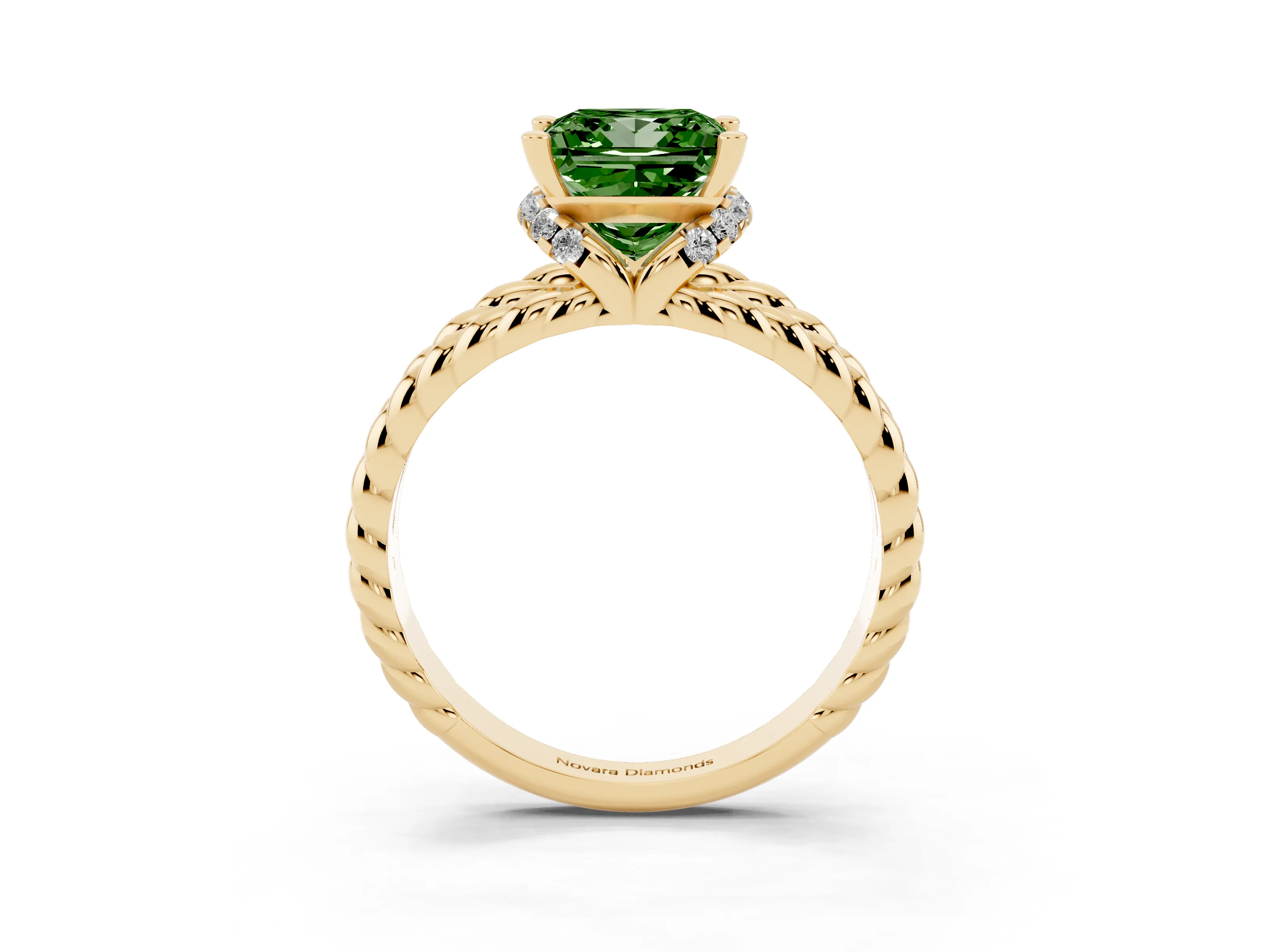 Fancy Green Princess Cut Diamond Halo Ring Set in Yellow gold with Twisted Band and Prong Setting