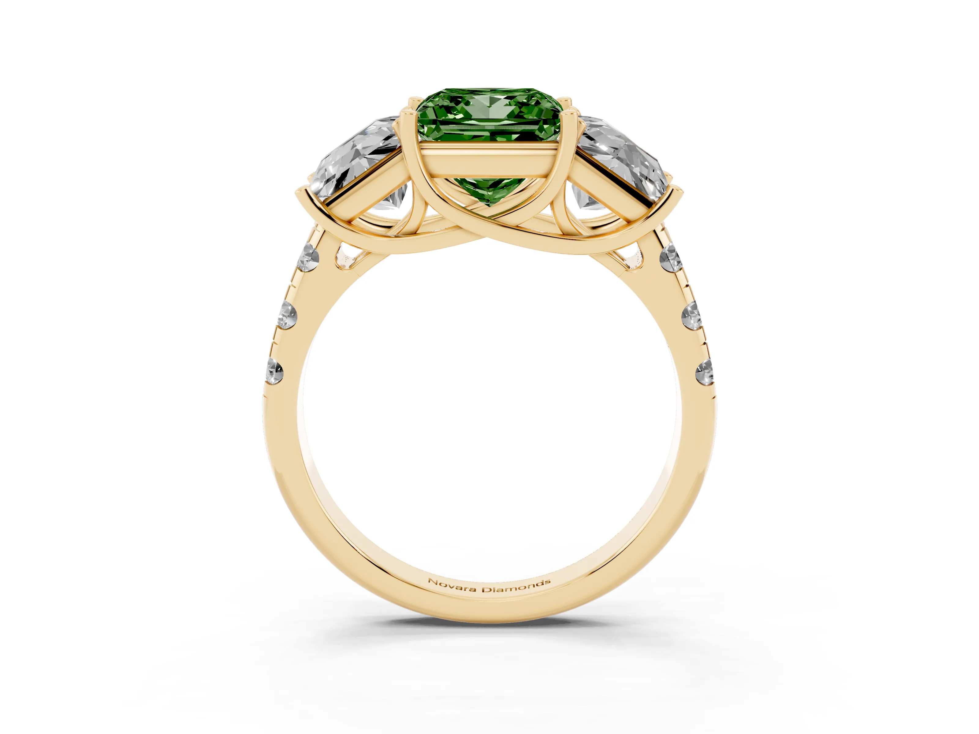 Fancy Green Princess Cut Diamond Three-Stone Ring Set in Yellow gold with Pavé Band