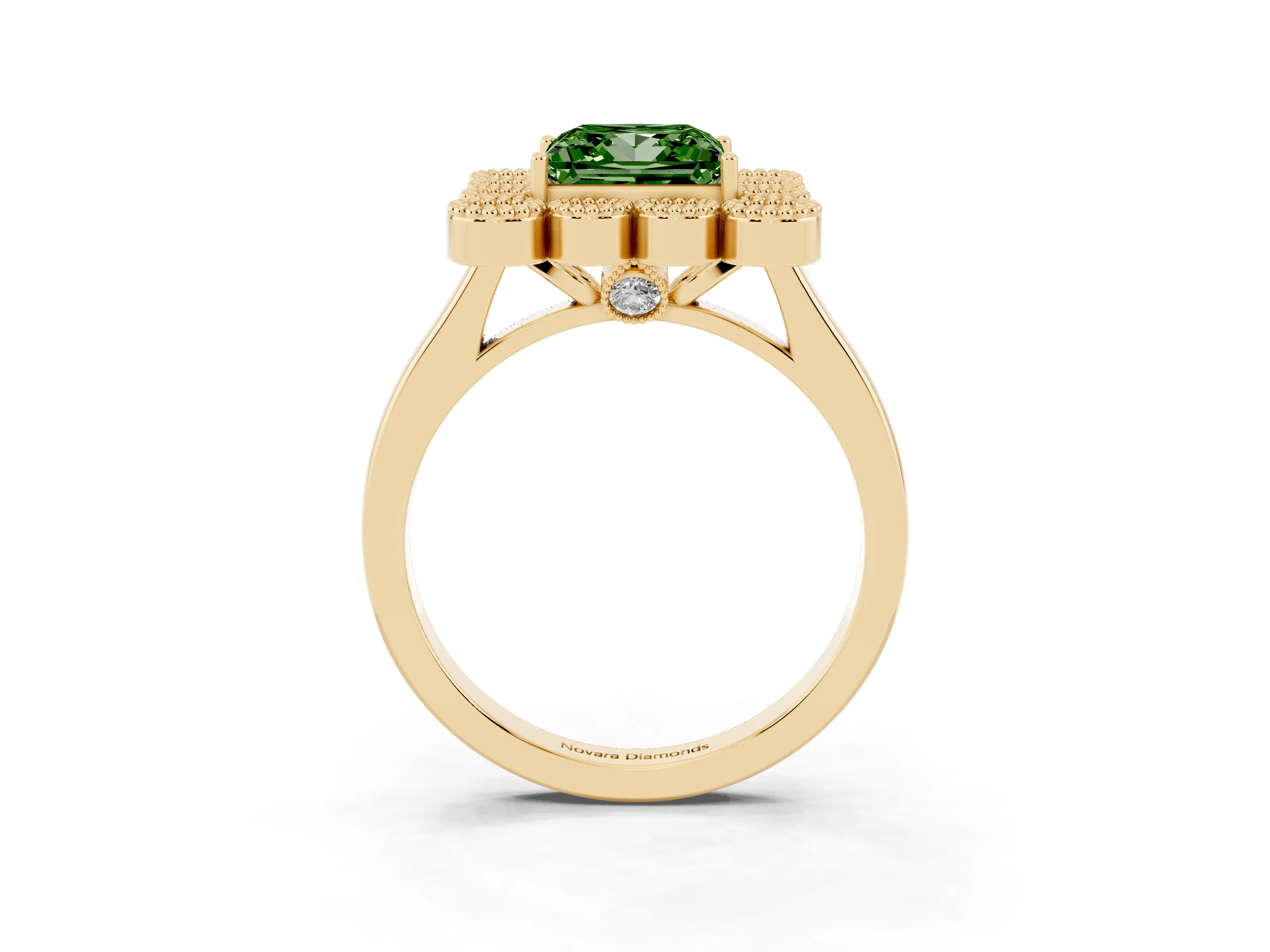 Fancy Green Princess Cut Diamond Cluster Halo Ring Set in Yellow gold with Milgrain Bezel Accents and Plain Band