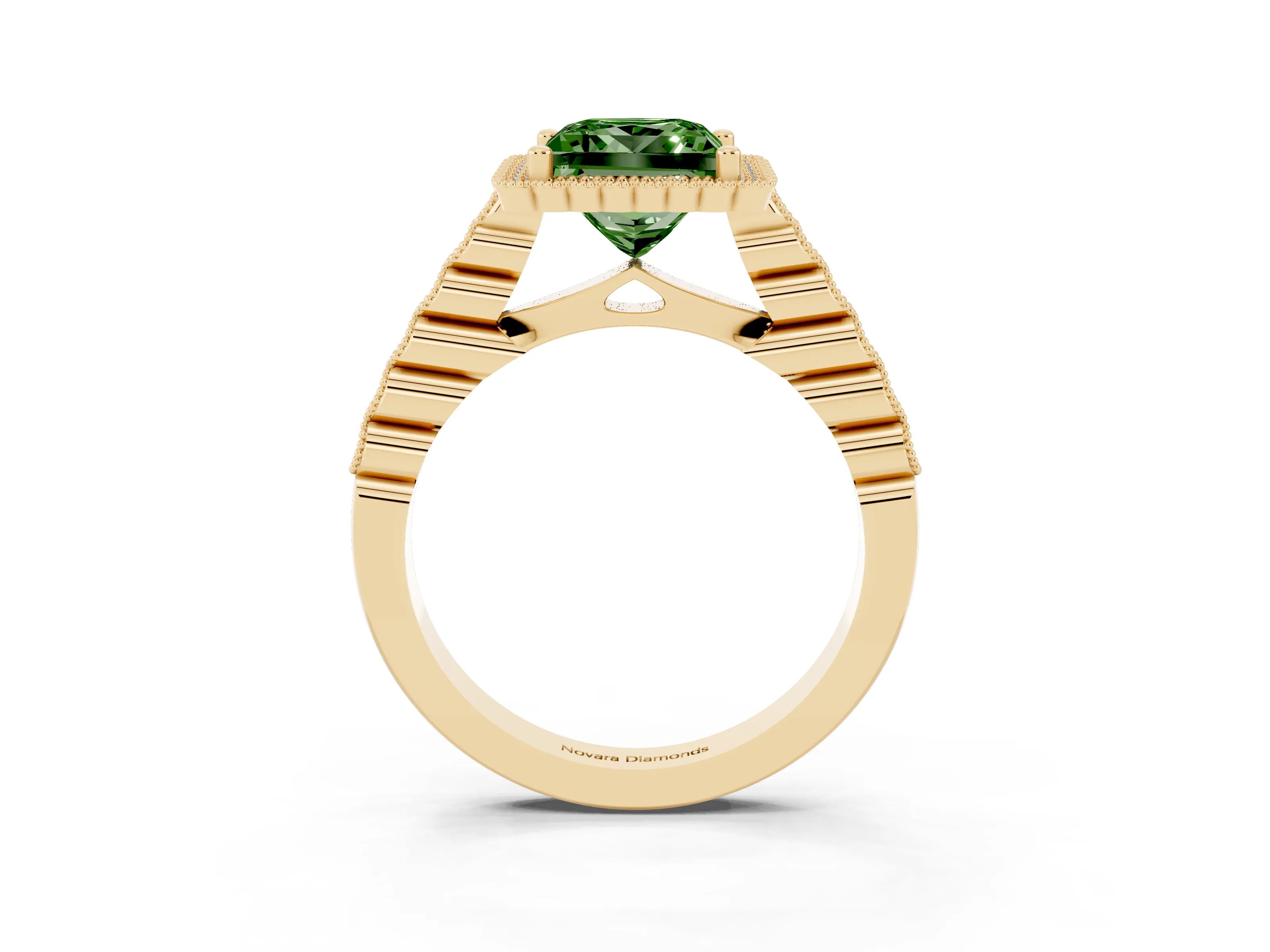 Fancy Green Princess Cut Diamond Halo Ring Set in Yellow gold with Pavé Milgrain Band