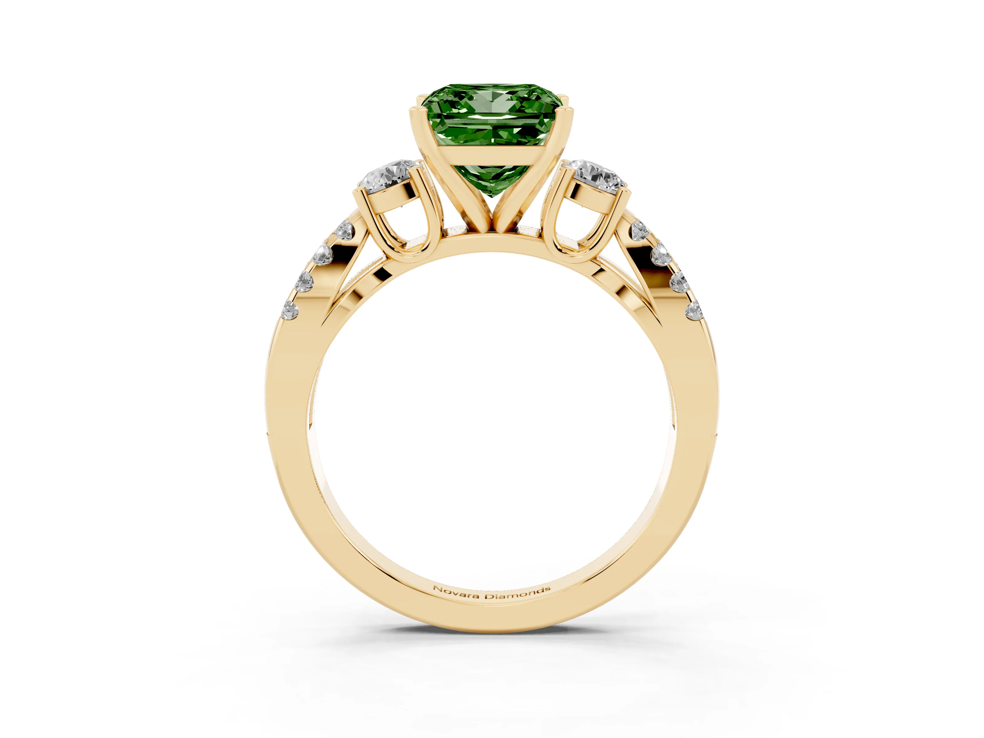 Fancy Green Princess Cut Diamond Three-Stone Ring Set in Yellow gold with Pavé Split Shank and Prong Setting
