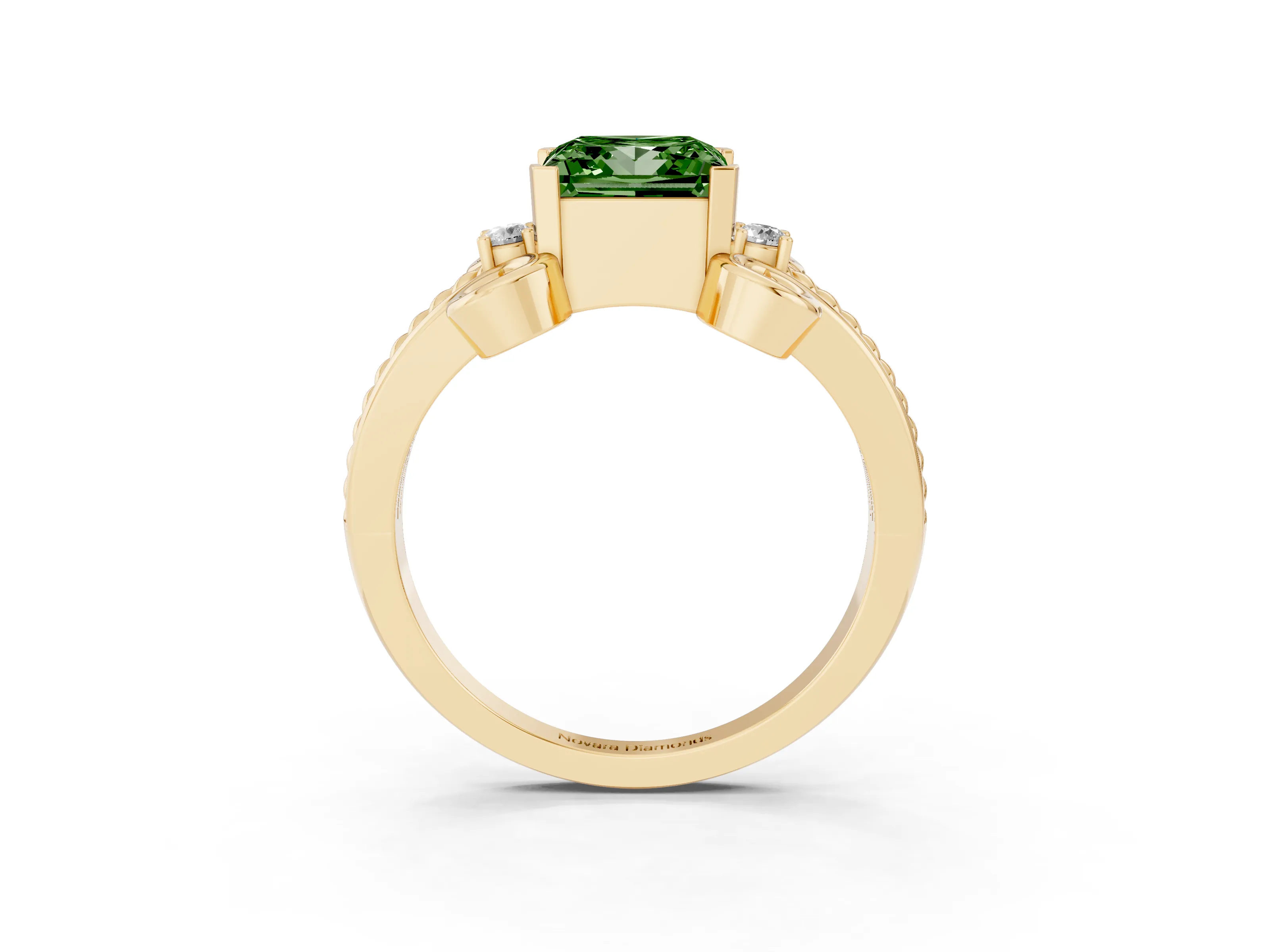 Fancy Green Princess Cut Diamond Twisted Band Solitaire Ring Set in Yellow gold with Scroll Prongs
