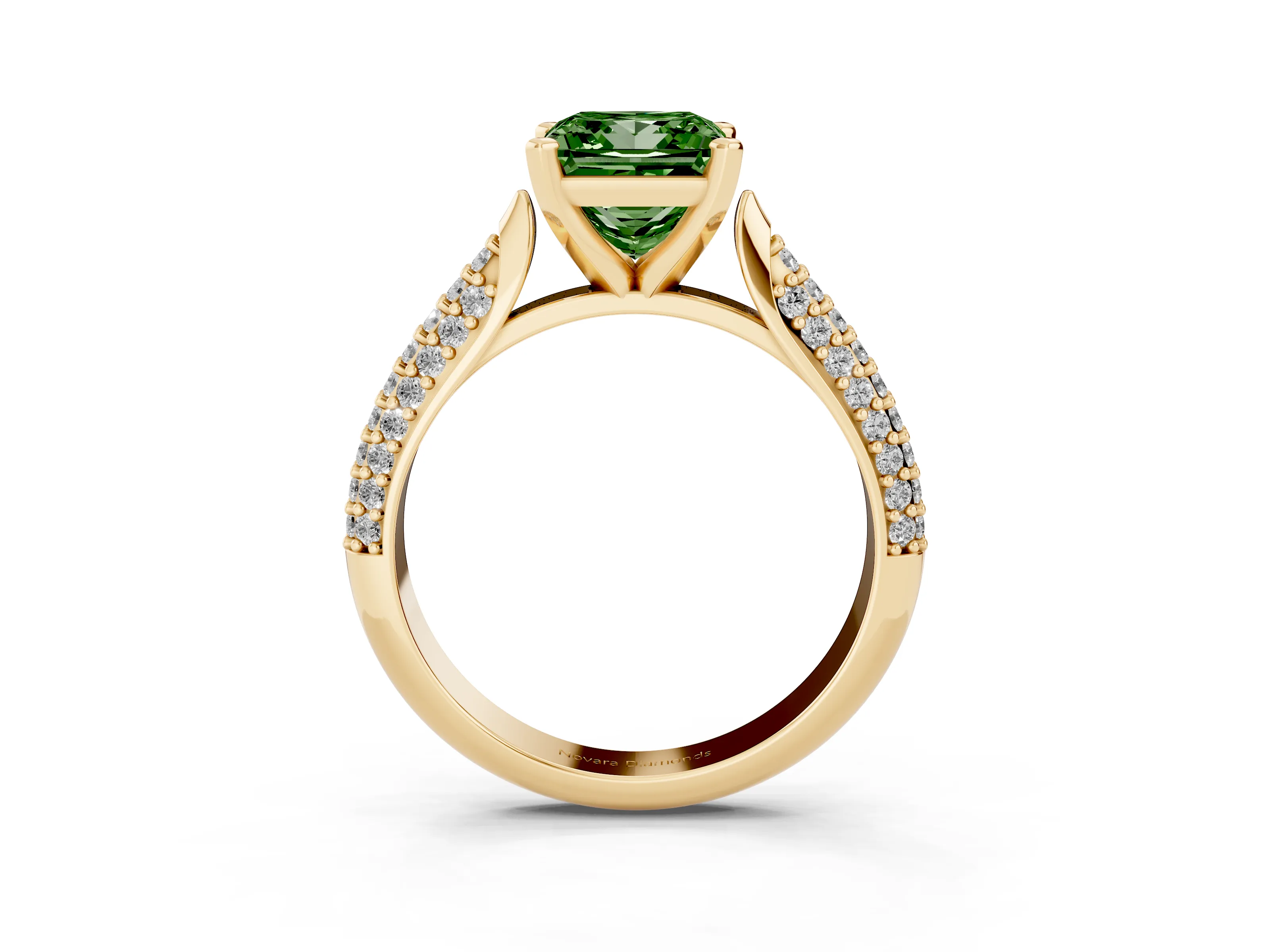 Fancy Green Princess Cut Diamond Solitaire Engagement Ring Set in Yellow gold with Multi-Row Round Pavé Band and Prong Setting