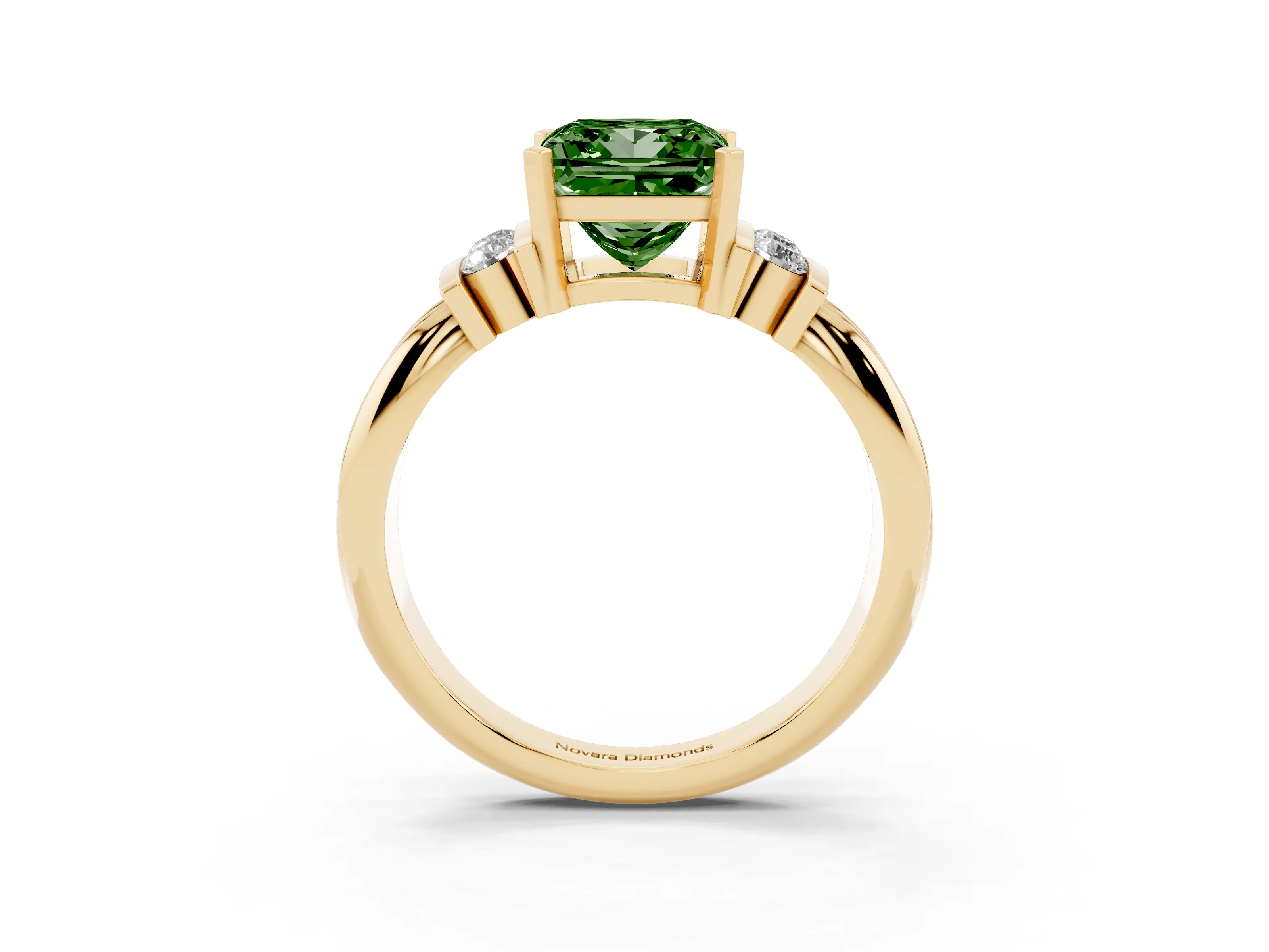 Fancy Green Three-Stone Princess Cut Diamond Channel Set Ring Set in Yellow gold with Bar Prongs