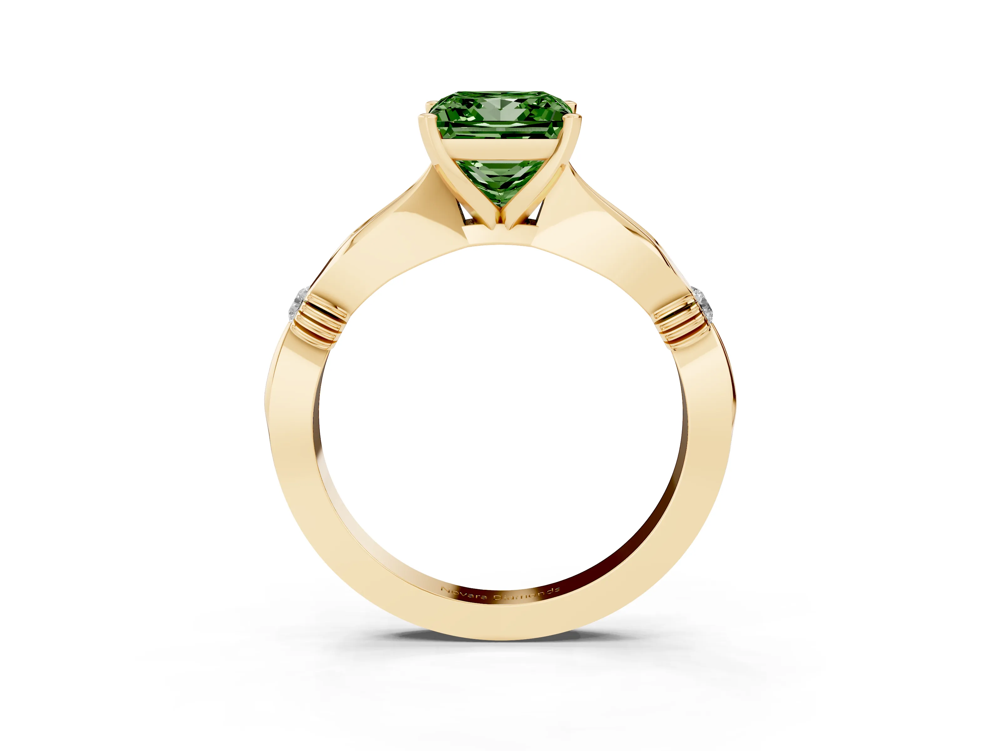 Fancy Green Princess Cut Diamond Solitaire Twisted Band Ring Set in Yellow gold with Accent Stones and Prong Setting
