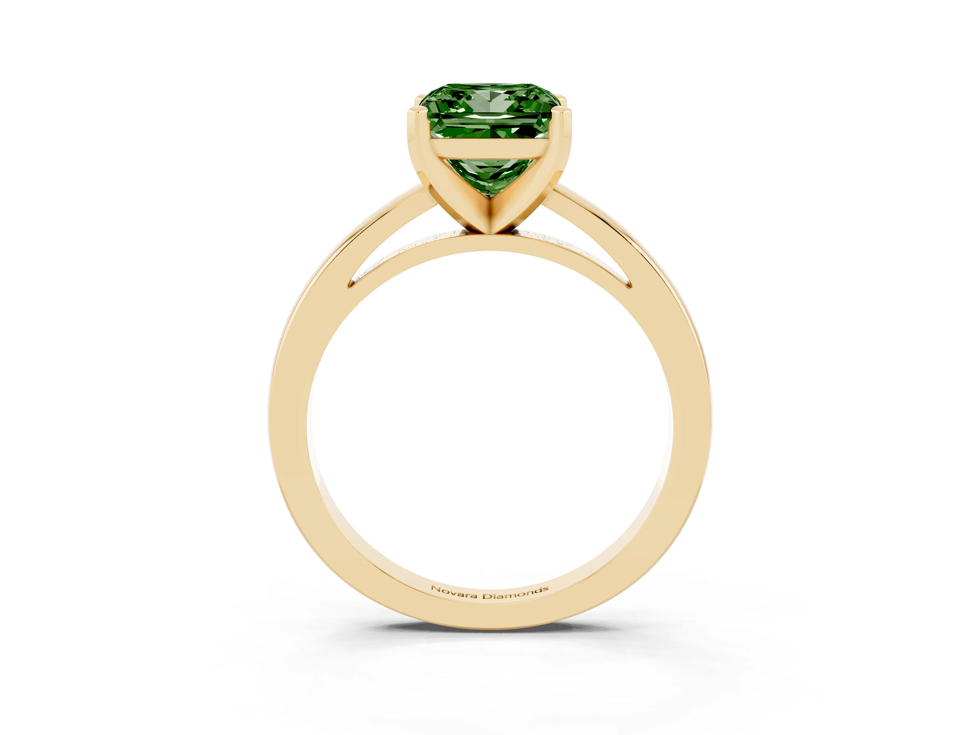 Fancy Green Princess Cut Diamond Solitaire Engagement Ring Set in Yellow gold with Prong Setting on a Classic Band