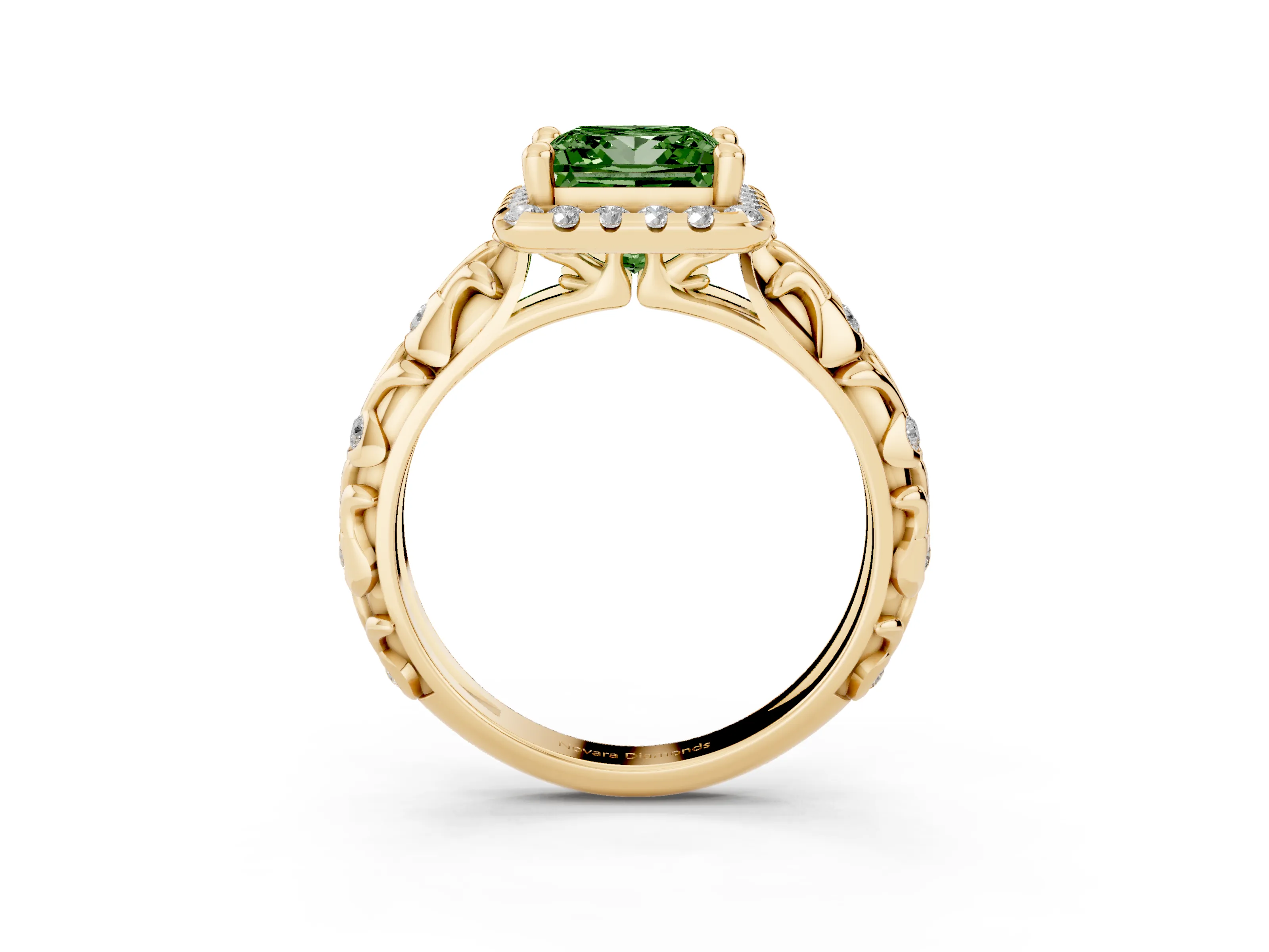 Fancy Green Princess Cut Diamond Halo Ring Set in Yellow gold with Filigree Leaf Band and Prong Setting