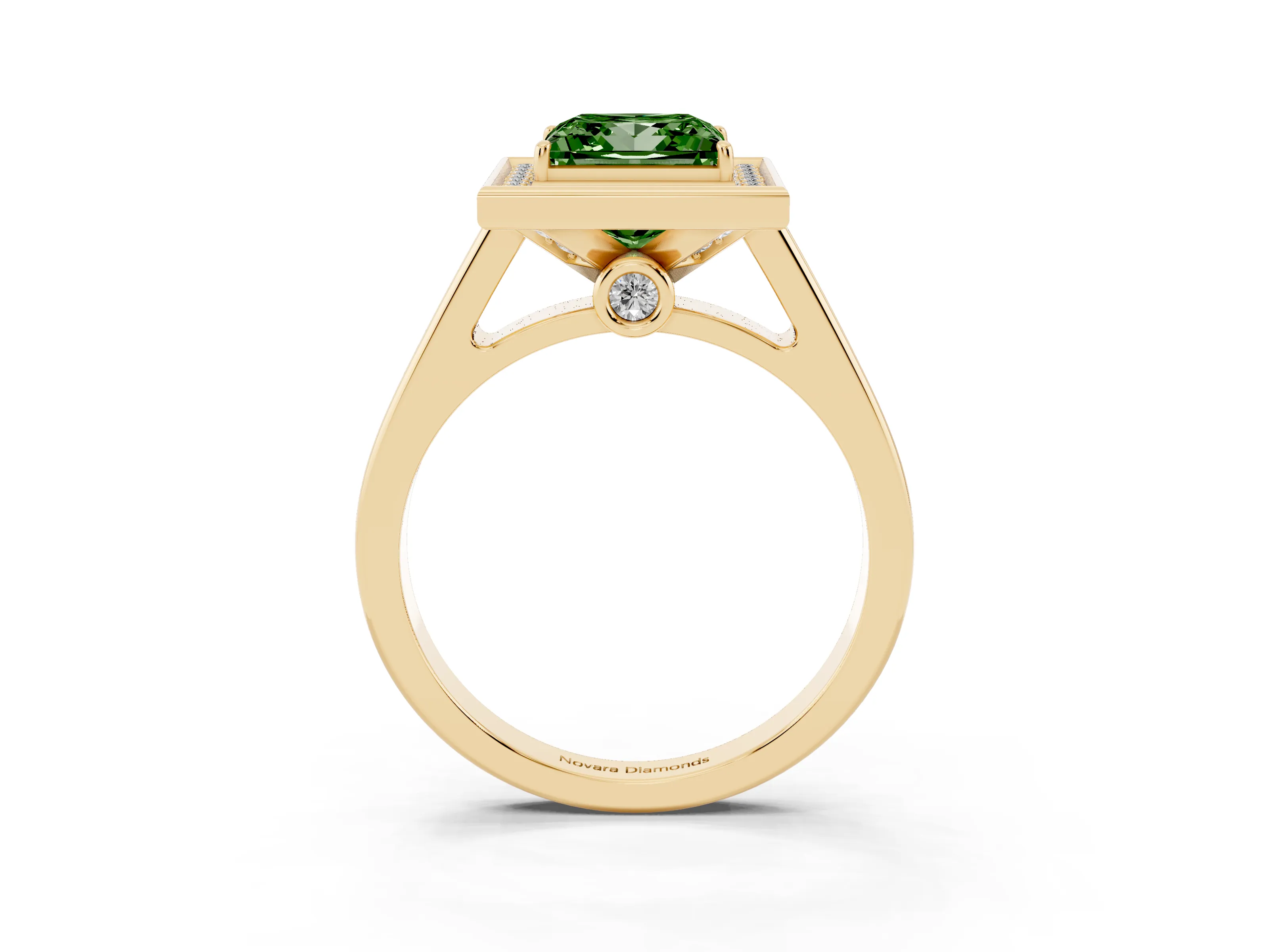 Fancy Green Princess Cut Diamond Halo Solitaire Ring Set in Yellow gold with Pavé Band and Bezel Setting