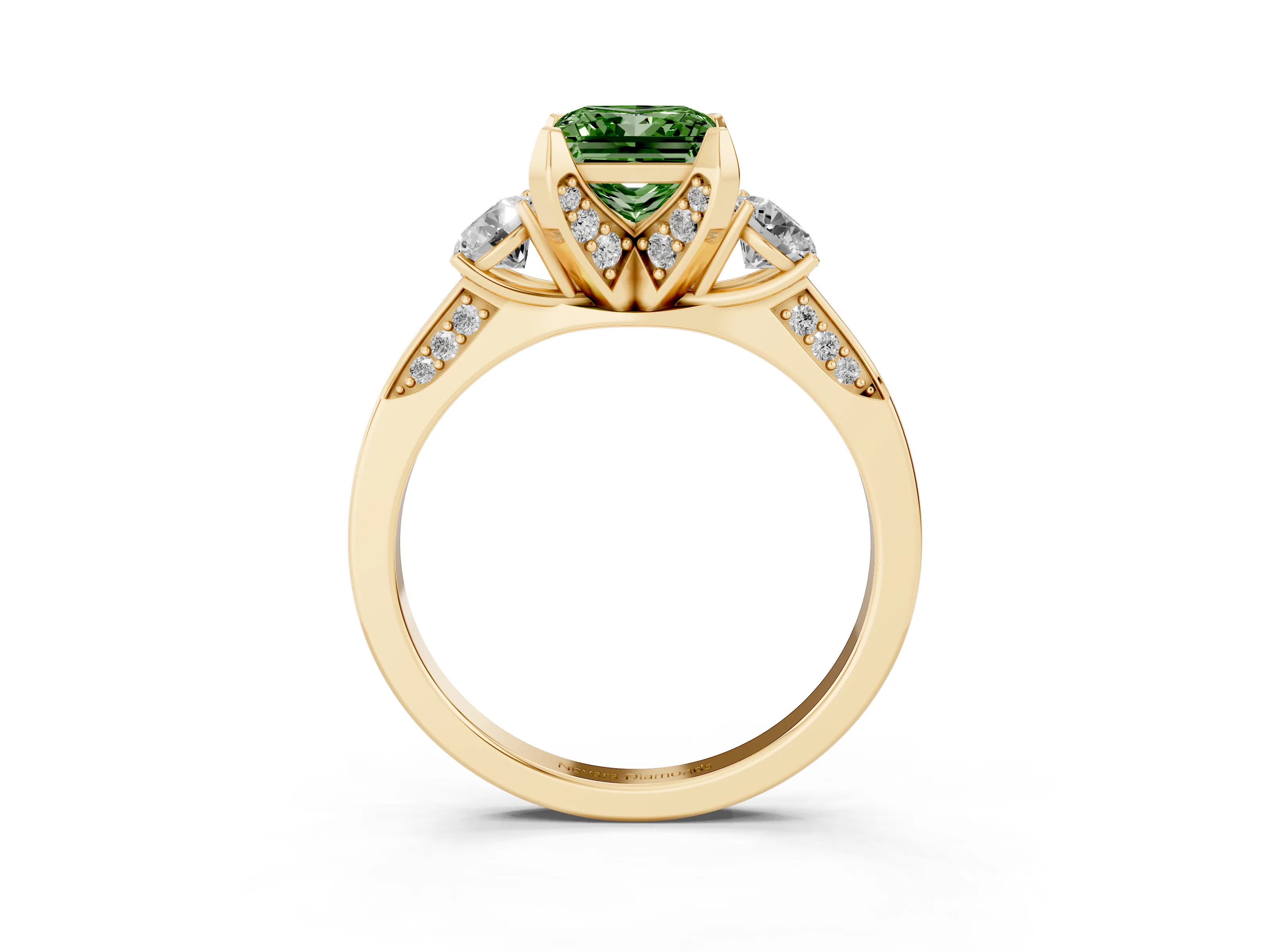 Fancy Green Princess Cut Diamond Three-Stone Ring Set in Yellow gold with Pavé Band and Smaller Side Stones